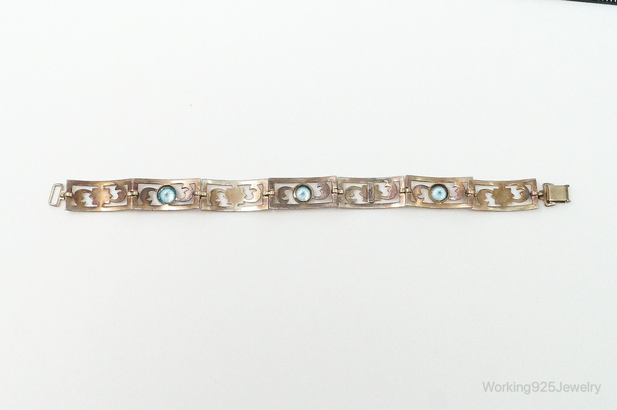 Vintage Designer Symmetalic 14K Gold Blue Topaz Art Deco SterlingSilver Bracelet