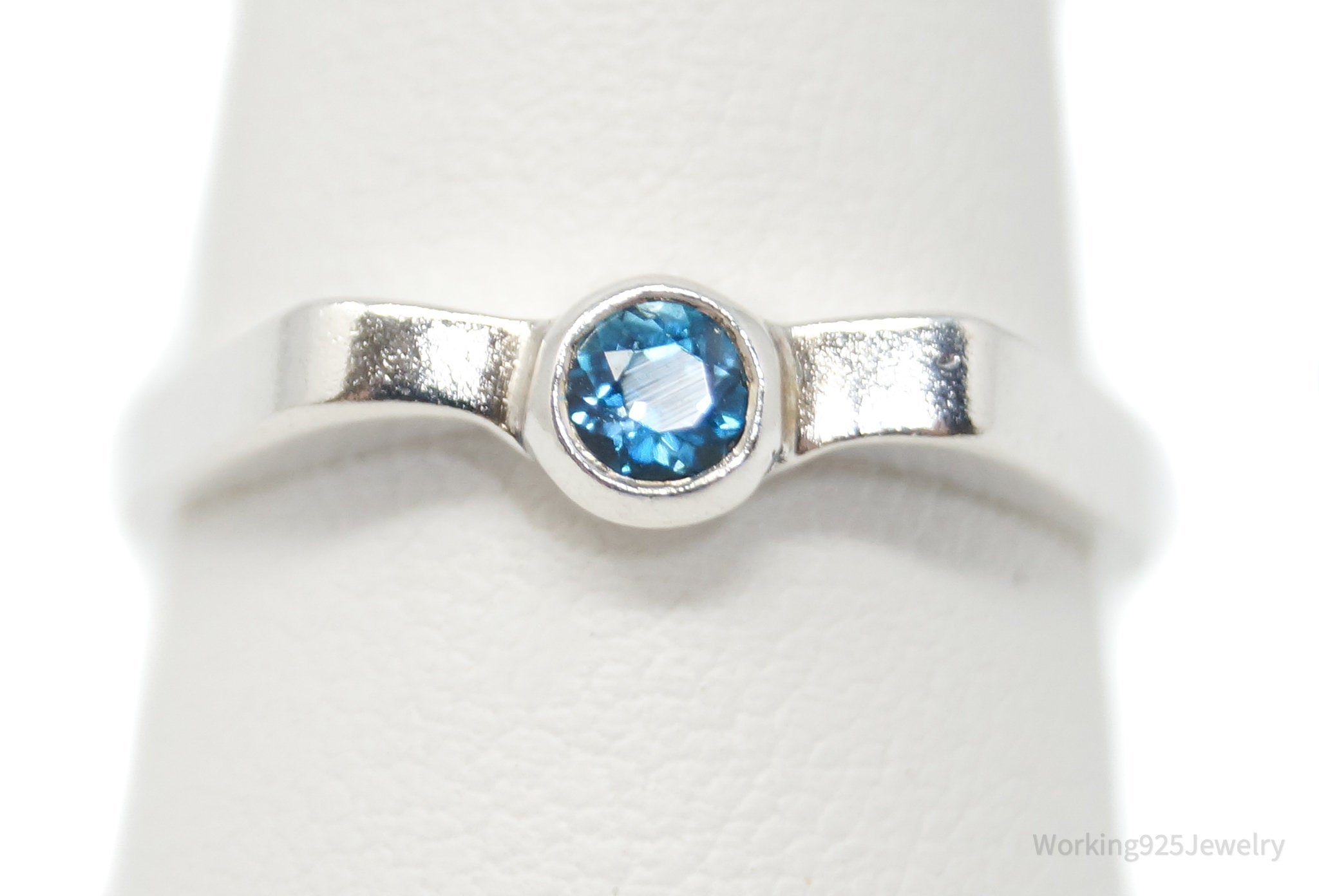 Vintage Deco Style Blue Topaz Sterling Silver Ring - Sz 8