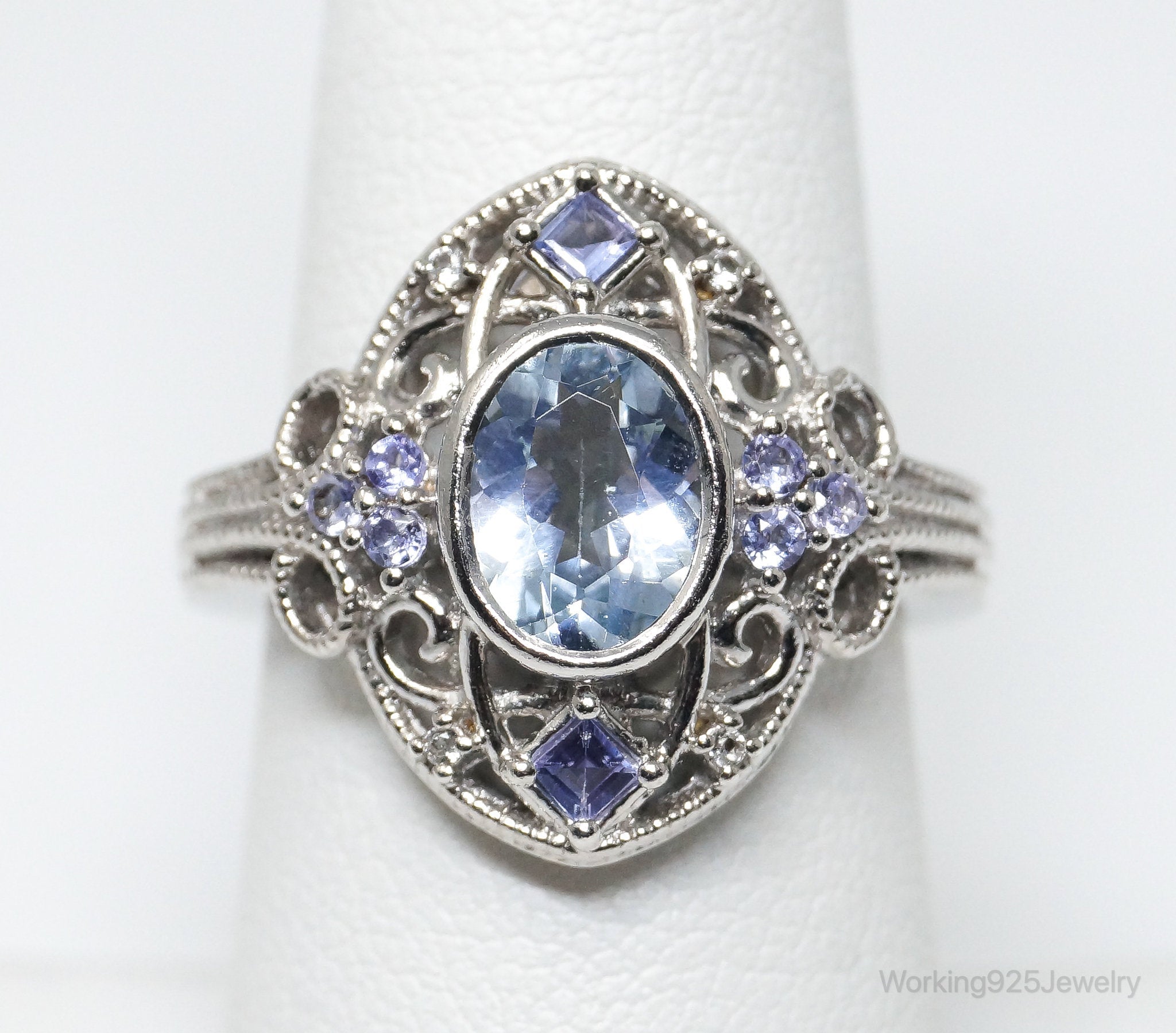 Vintage Amethyst Blue Topaz Sterling Silver Statement Ring Size 7