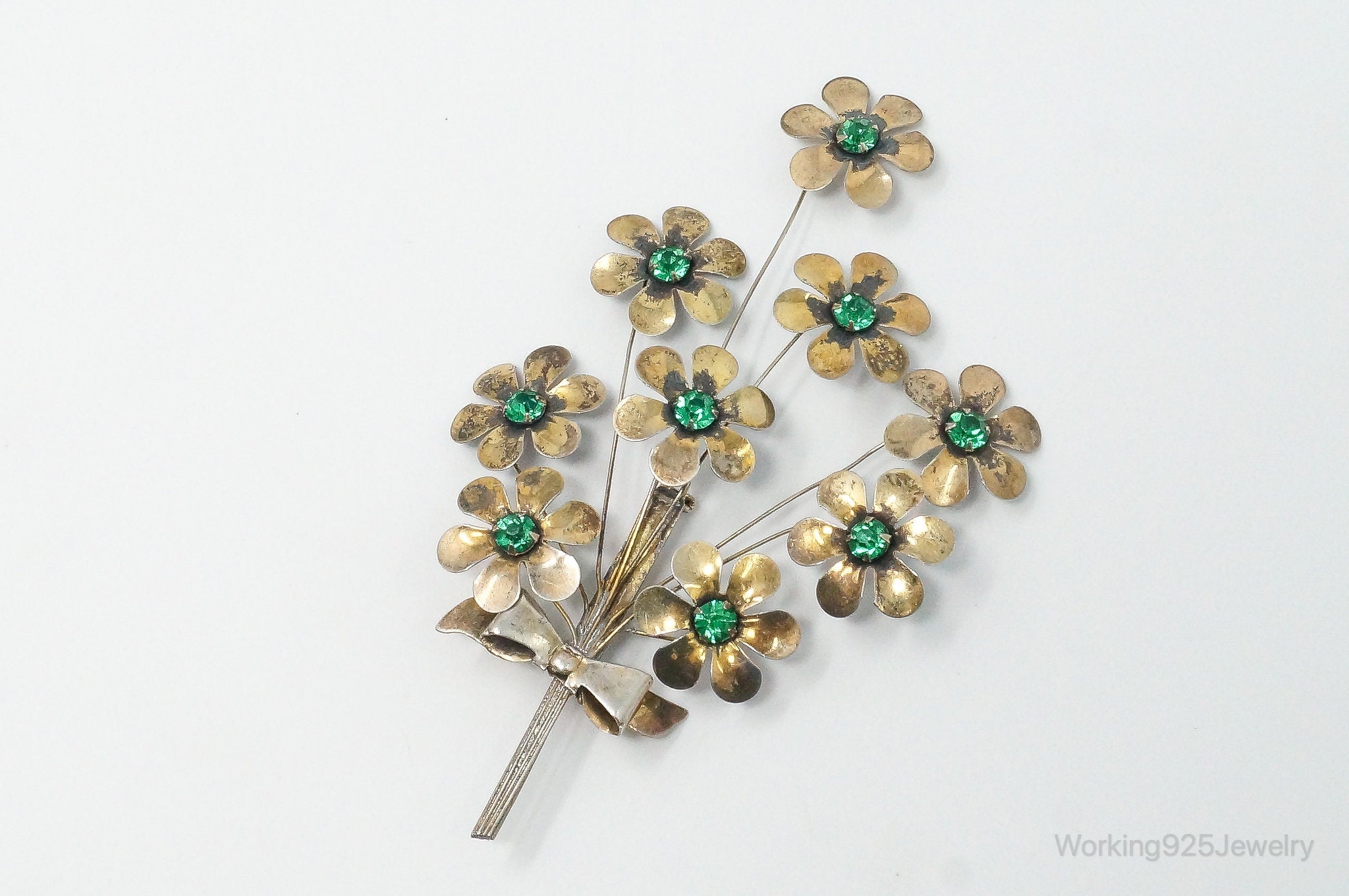 Large Vintage Green Rhinestone Flowers Gold Tone Sterling Silver Brooch Pin