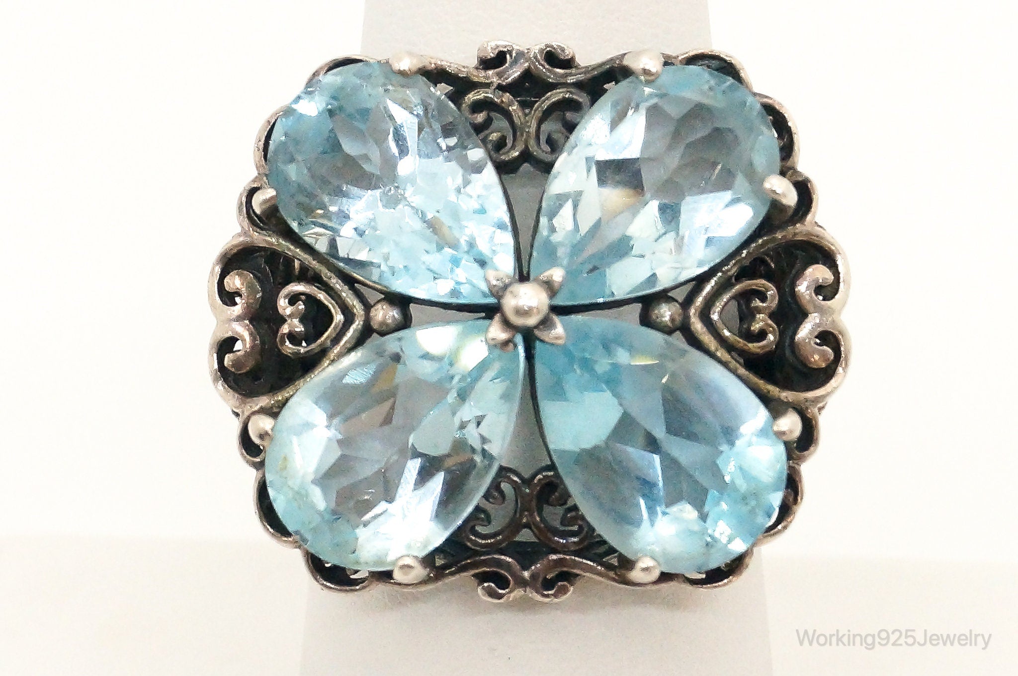 Vintage Blue Topaz Flower Sterling Silver Ring - Size 7