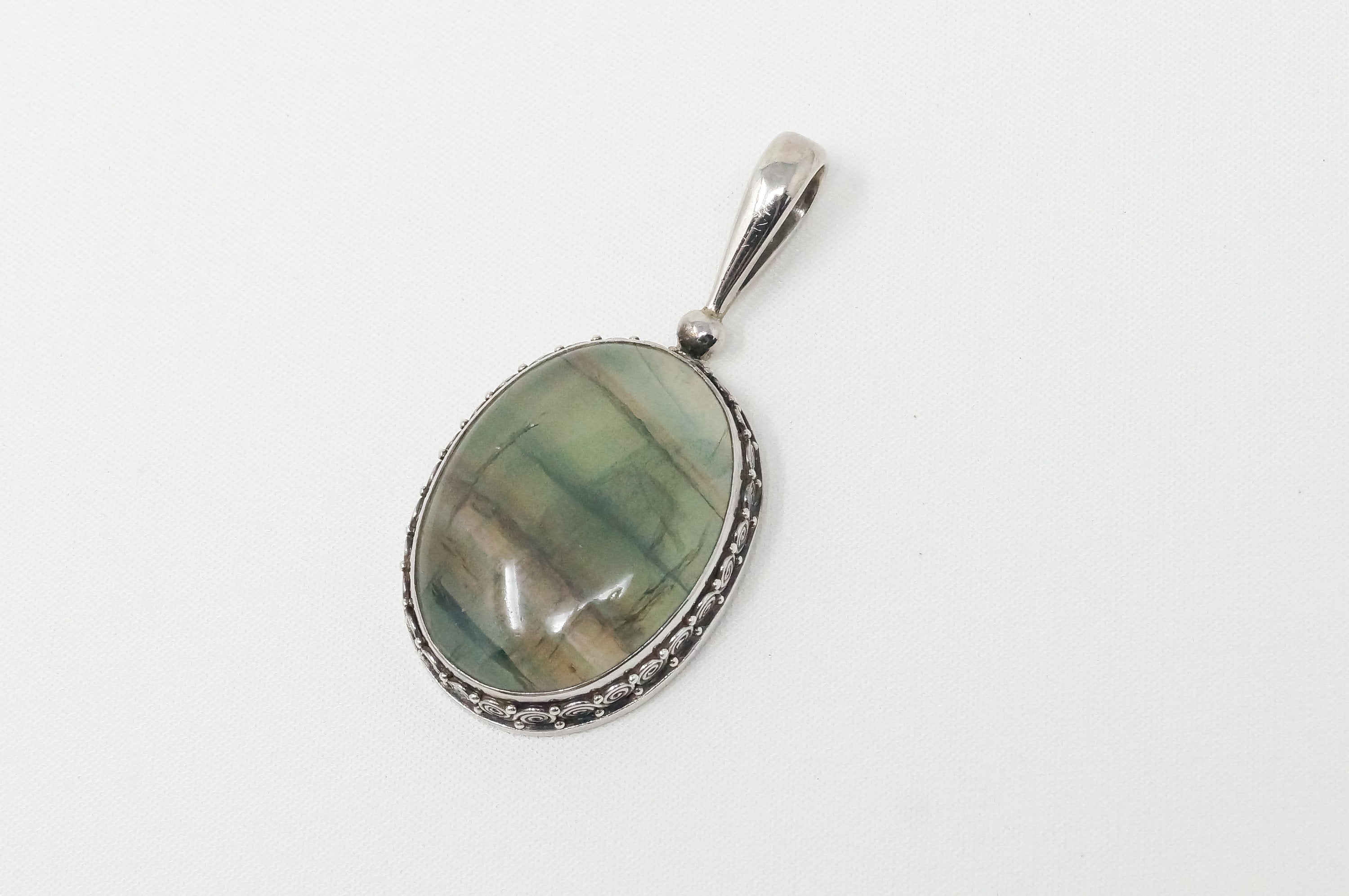 Vintage Designer SAJEN Green Agate Sterling Silver Necklace Pendant