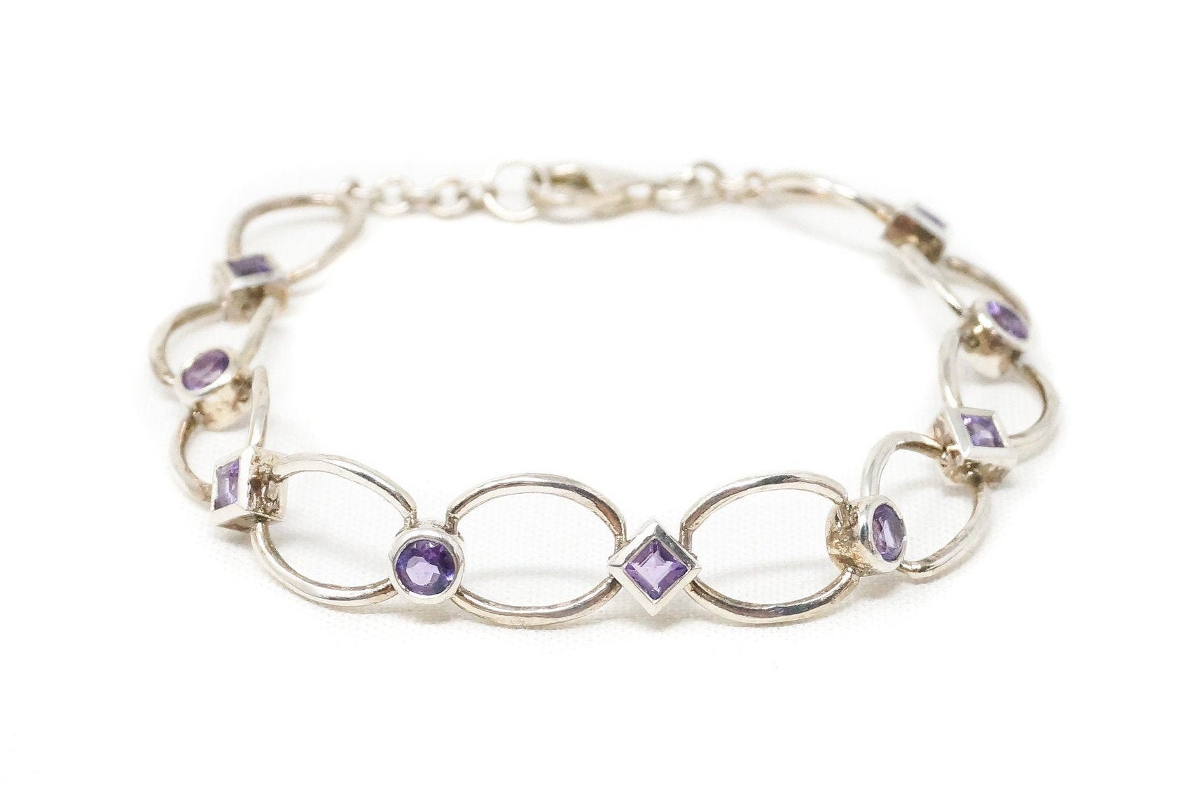 Vintage Art Deco Amethyst Sterling Silver Link Tennis Bracelet