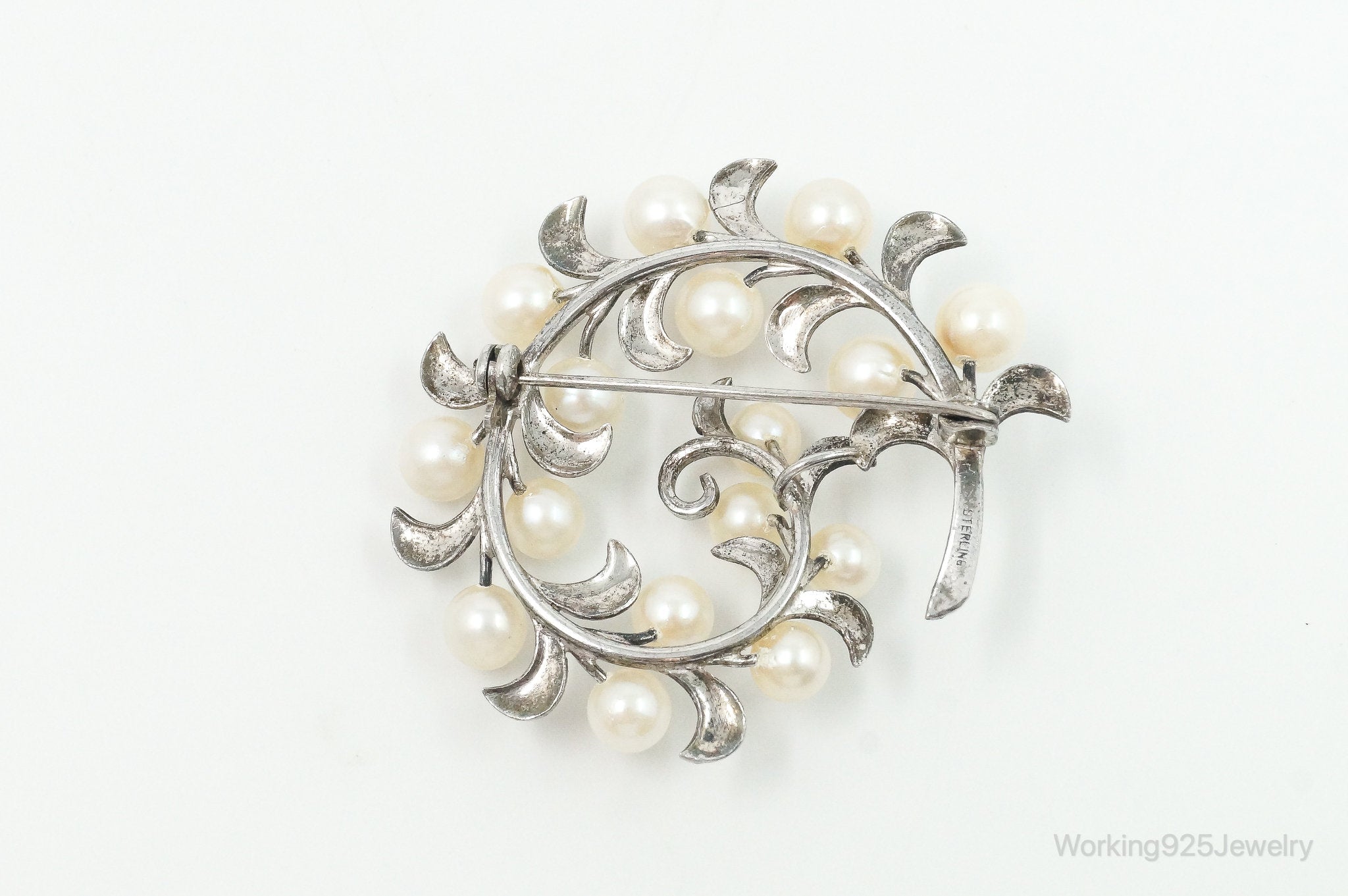 Large Antique Faux Pearl Sterling Silver Brooch Pin