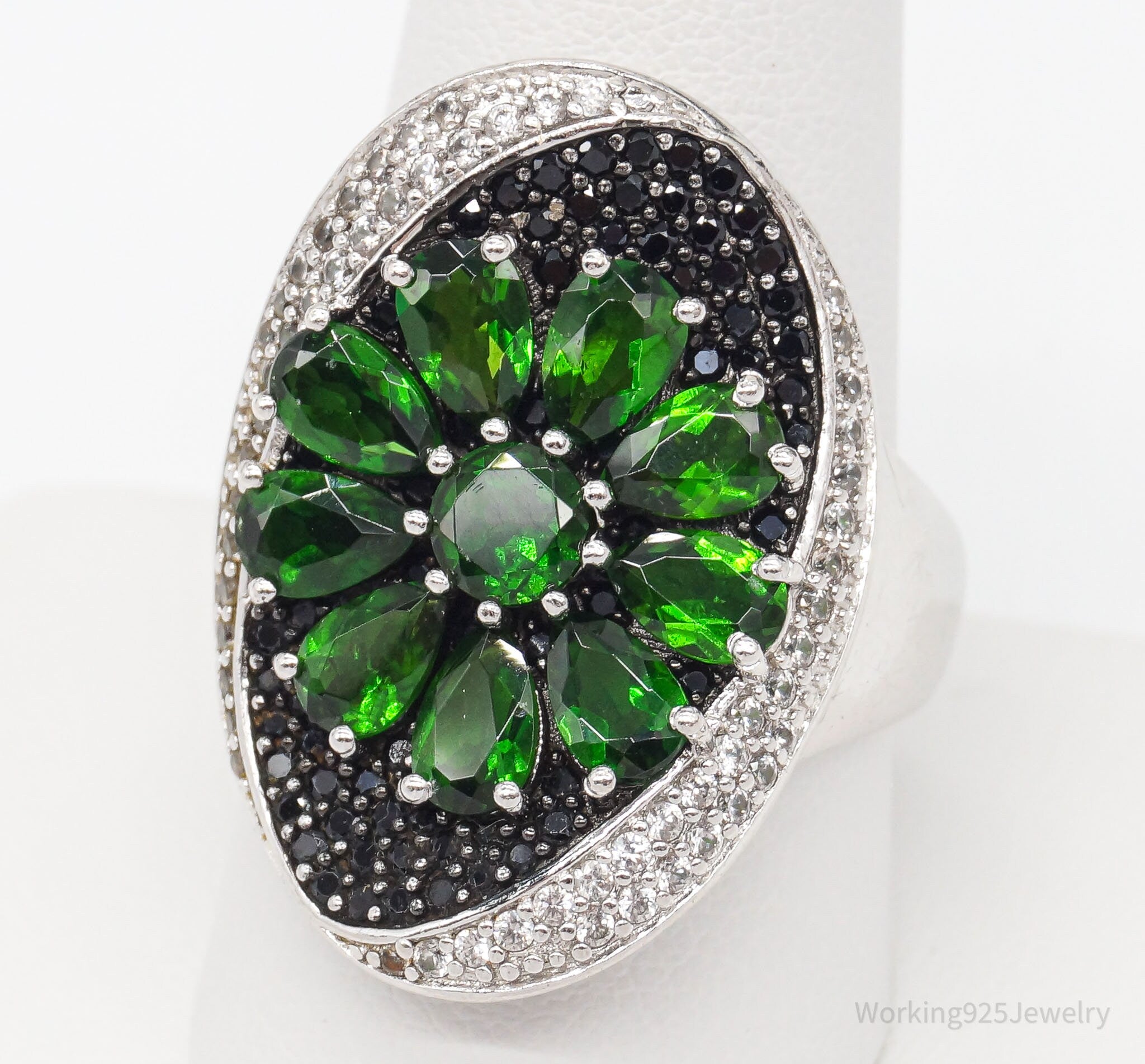 Green Chrome Diopside Black Spinel White Topaz Sterling Silver Ring SZ 10