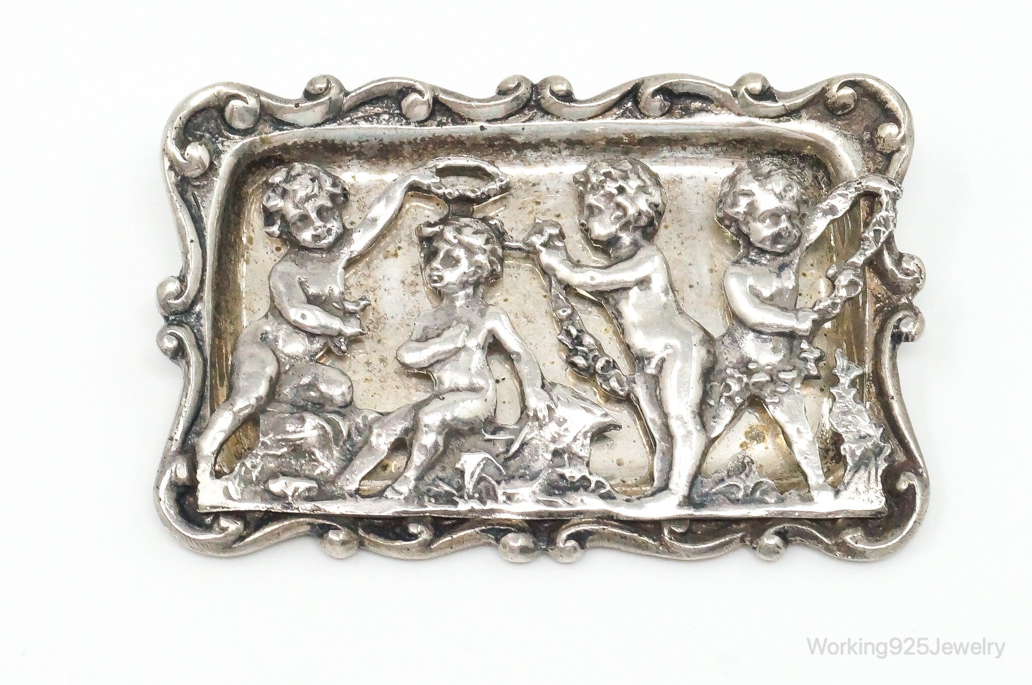 Rare Antique Handmade Cherubs With Garland Sterling Silver Brooch Pin