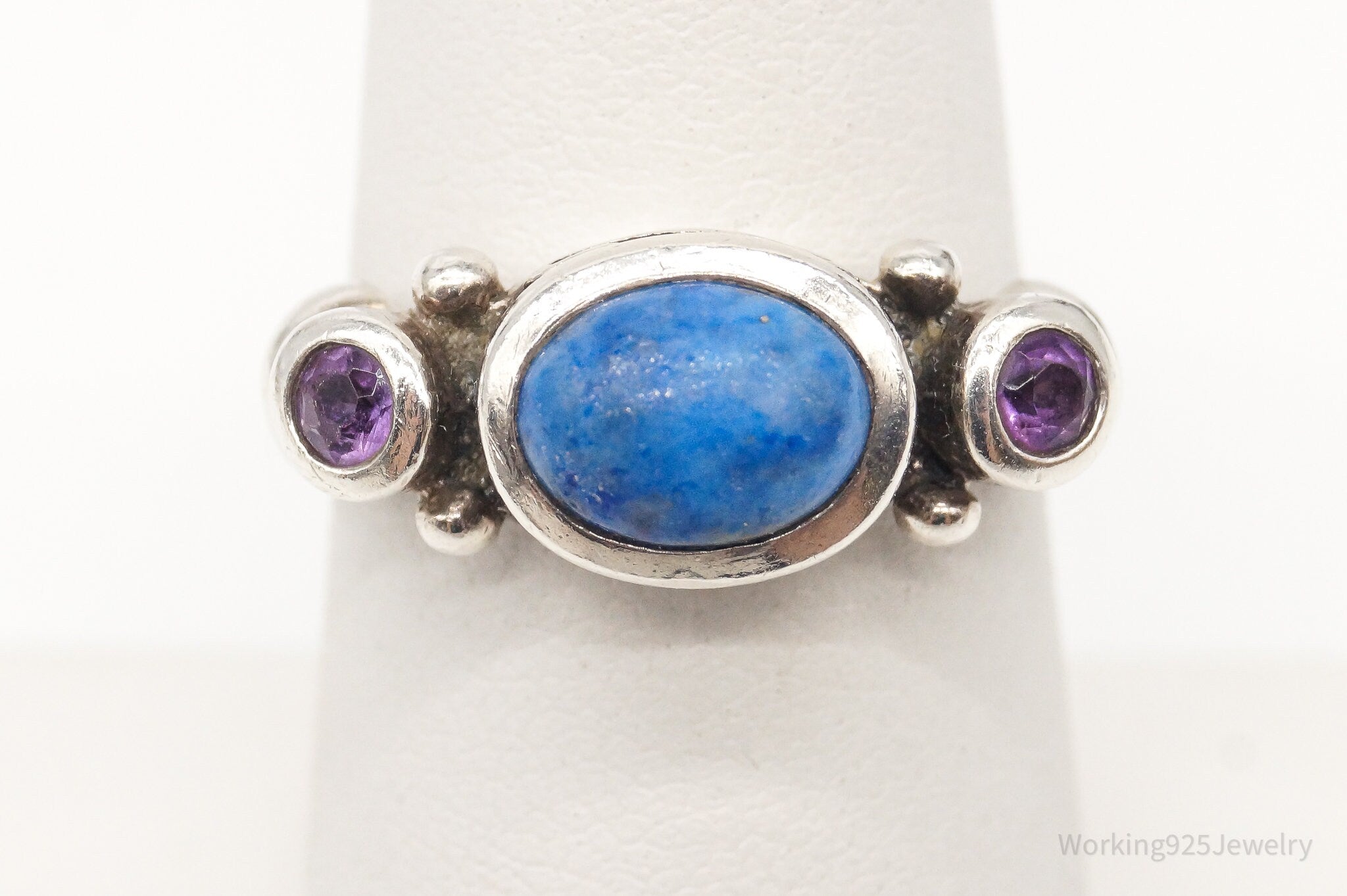 Vintage Lapis Lazuli Amethyst Sterling Silver Ring - Size 6.75