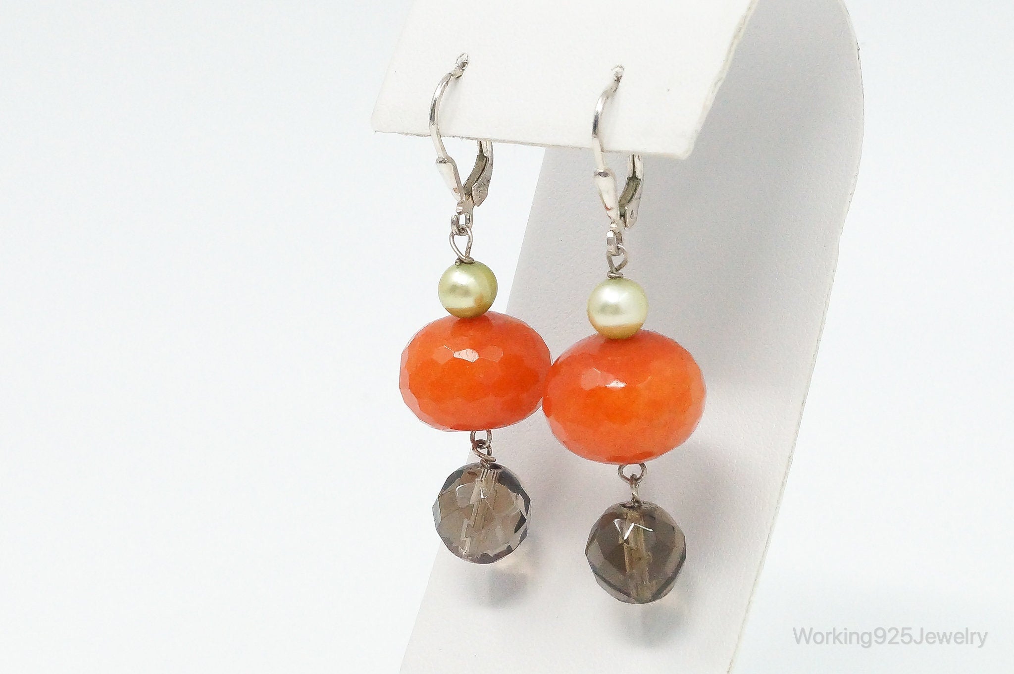 Vintage Carnelian Smoky Topaz Pearl Beads Sterling Silver Earrings