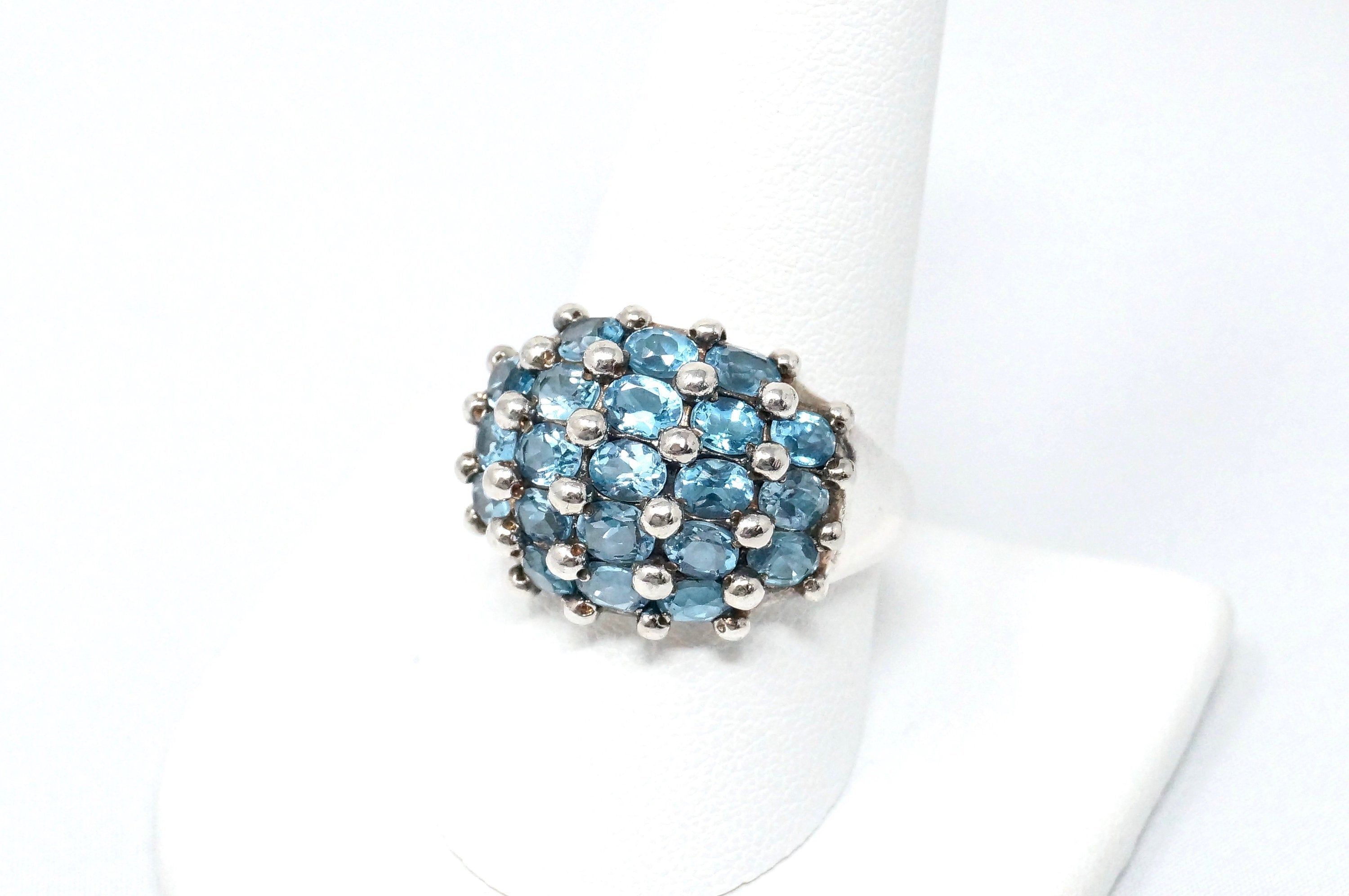 Vintage Cluster Style Blue Topaz Statement Sterling Silver Ring - Size 10