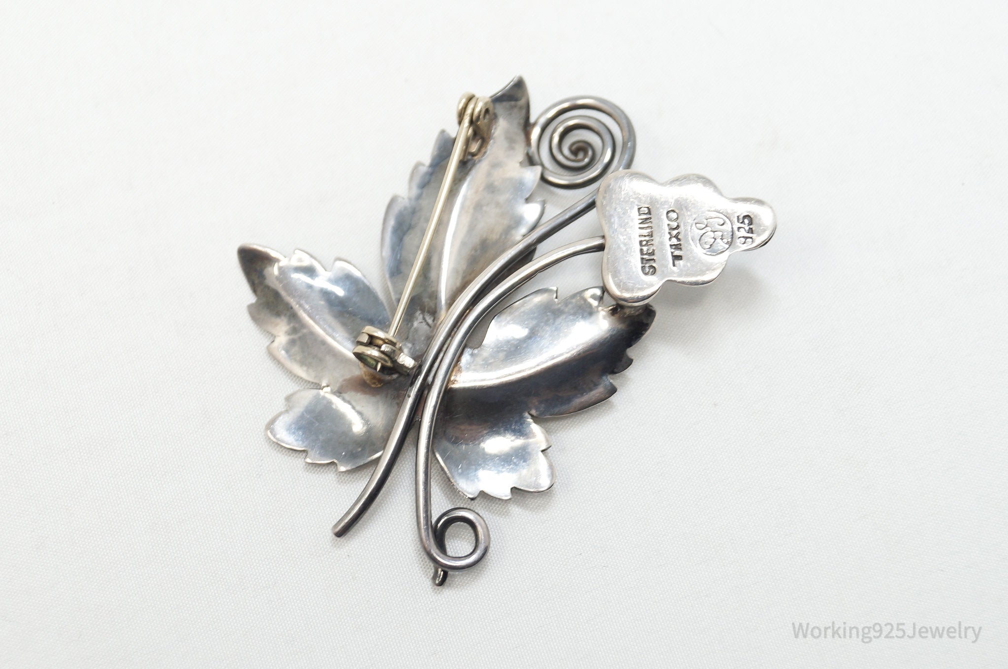 Large Vintage Taxco Damask Gallegos Leaf Sterling Silver Brooch Pin