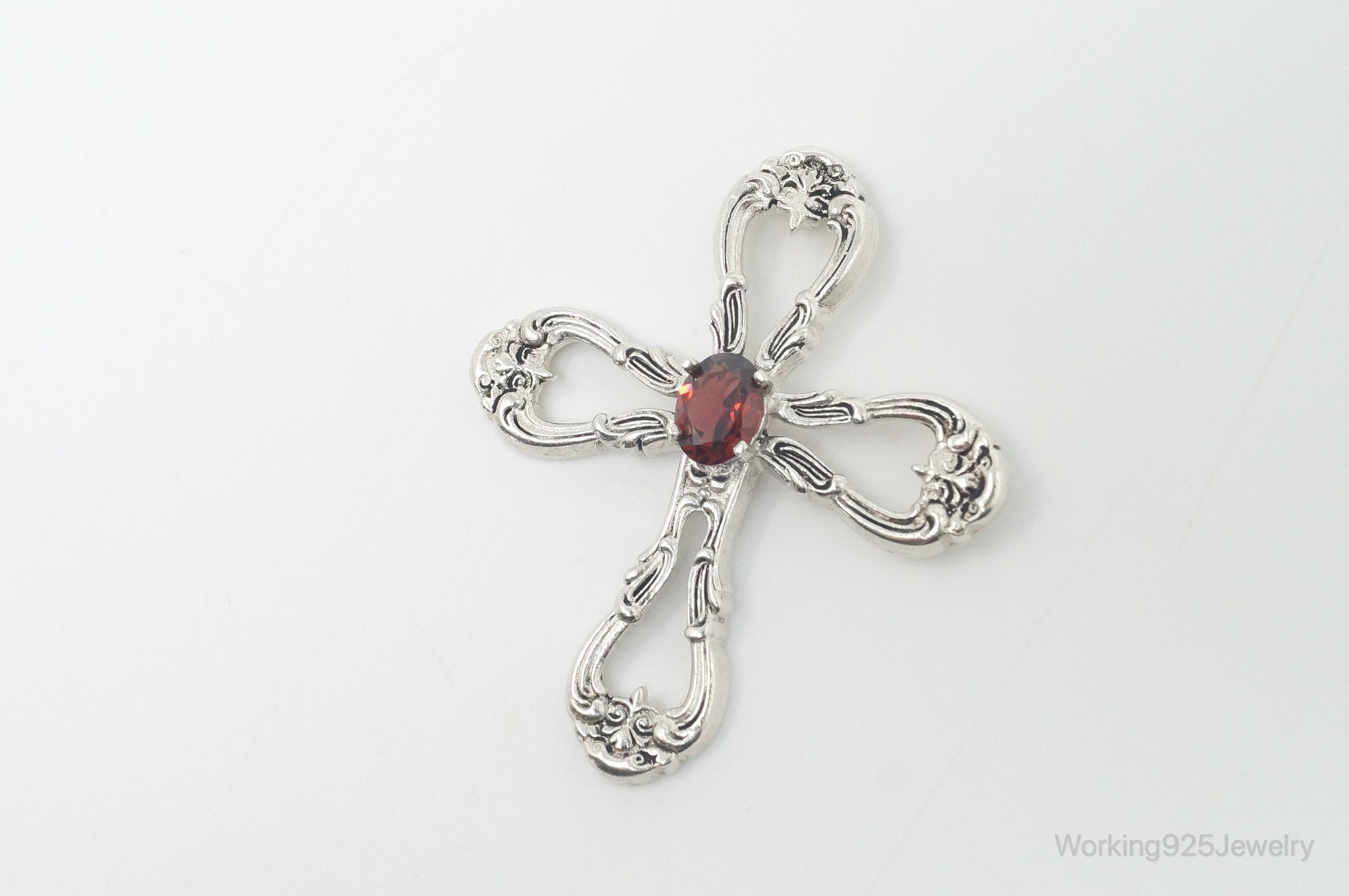 Vintage Designer Gorham Garnet Ornate Sterling Silver Cross Necklace Pendant