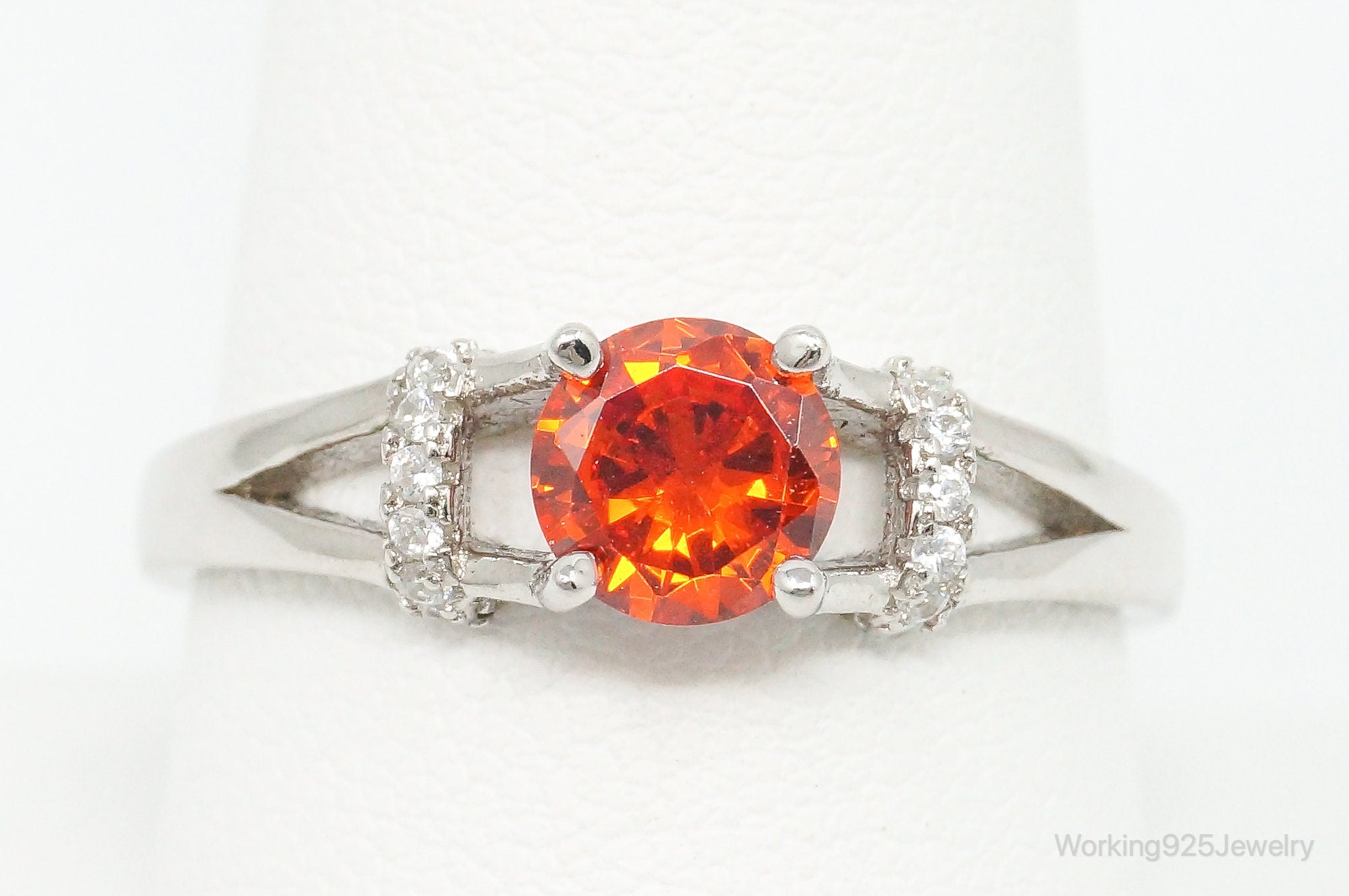 Orange & White Cubic Zirconia Sterling Silver Ring - Size 9.5