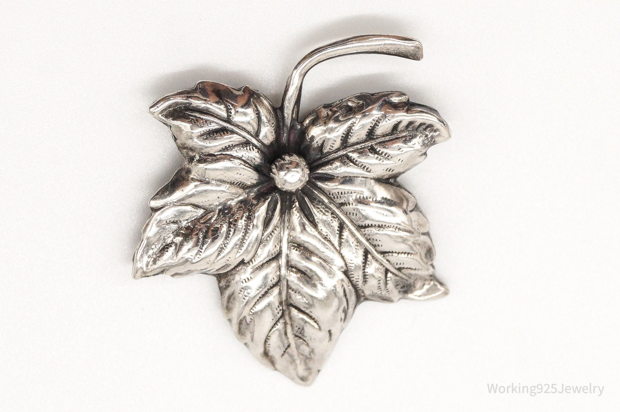 Large Antique Sterling Silver Leaf Pin Brooch