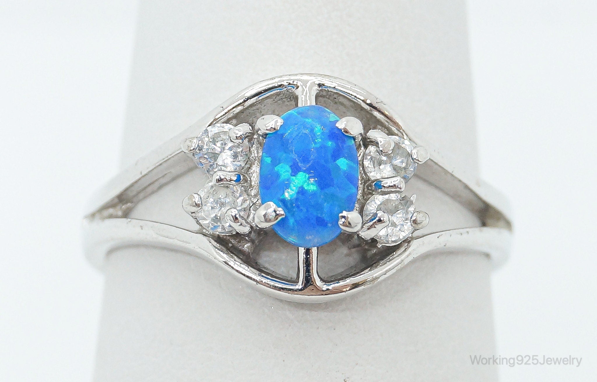 Vintage Blue Opal Cubic Zirconia Sterling Silver Ring - Size 6.5