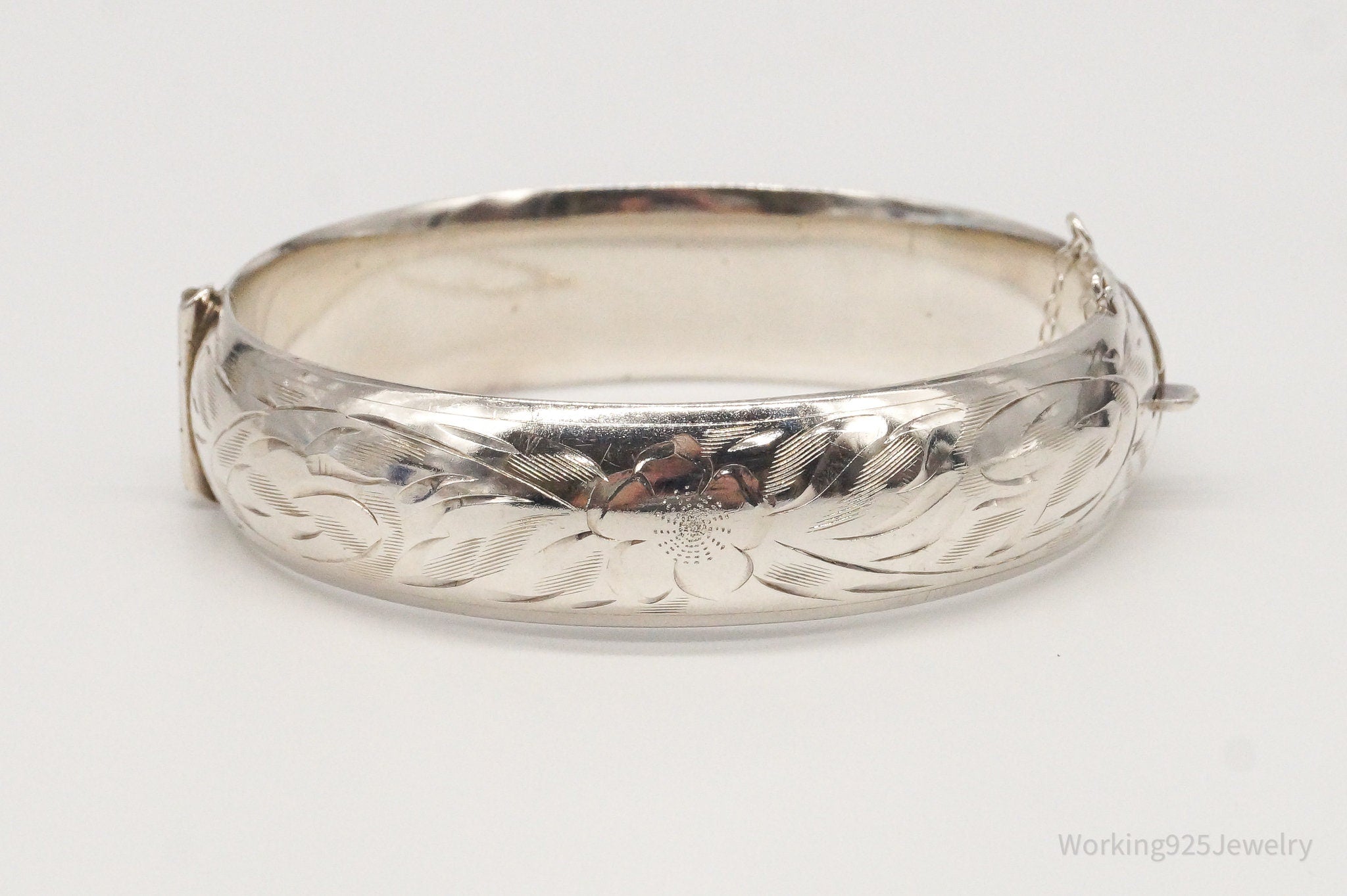 Vintage Ladye Fayre Floral Etched Sterling Silver Bangle Hinged Bracelet