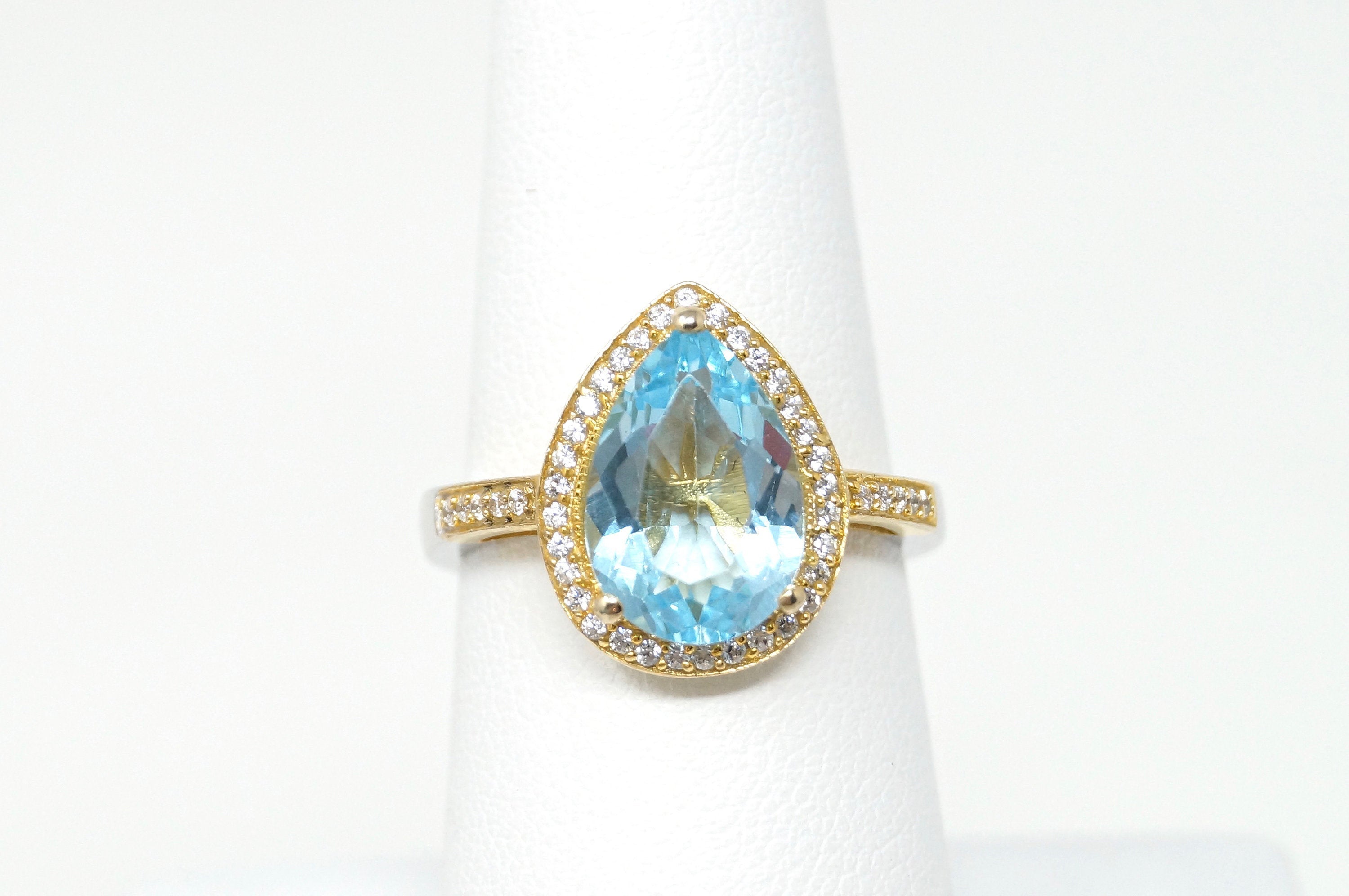 Vintage De Buman 18k Gold Genuine Sky Blue Topaz CZ Sterling Silver Ring Sz 6.75