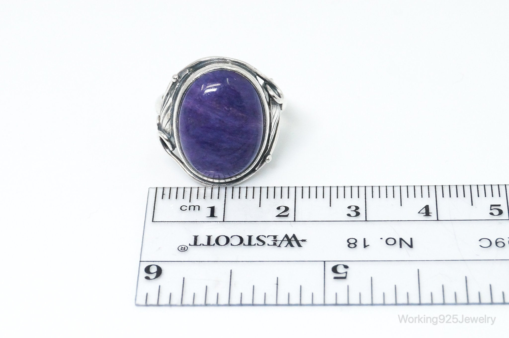 Vintage Designer WS Large Charoite Modernist Sterling Silver Ring - Size 6.5