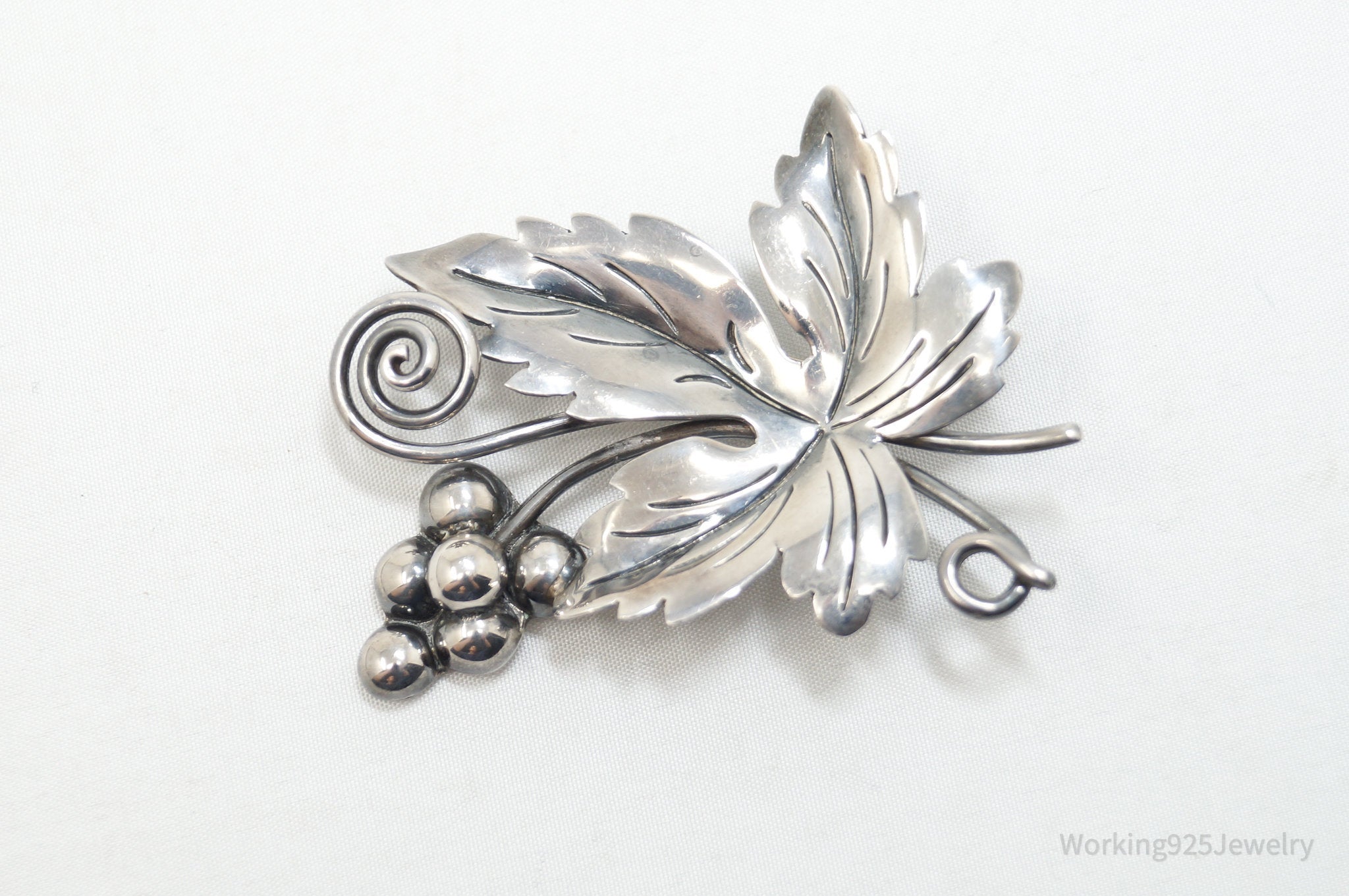 Large Vintage Taxco Damask Gallegos Leaf Sterling Silver Brooch Pin