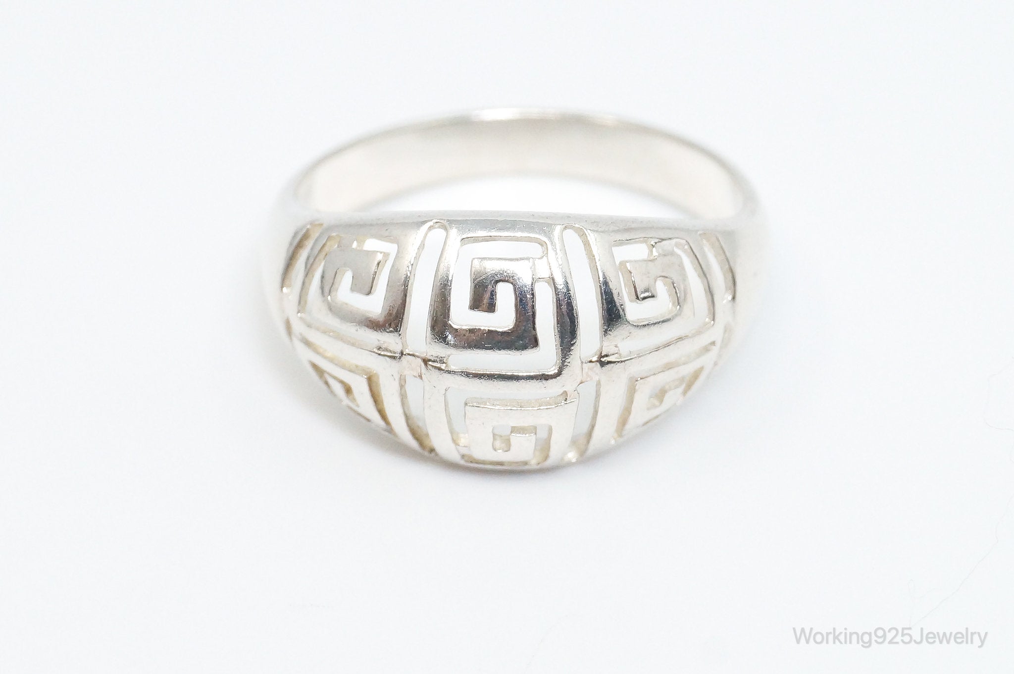 Vintage Designer RJ Greek Key Cut-Out Design Sterling Silver Ring - SZ 10