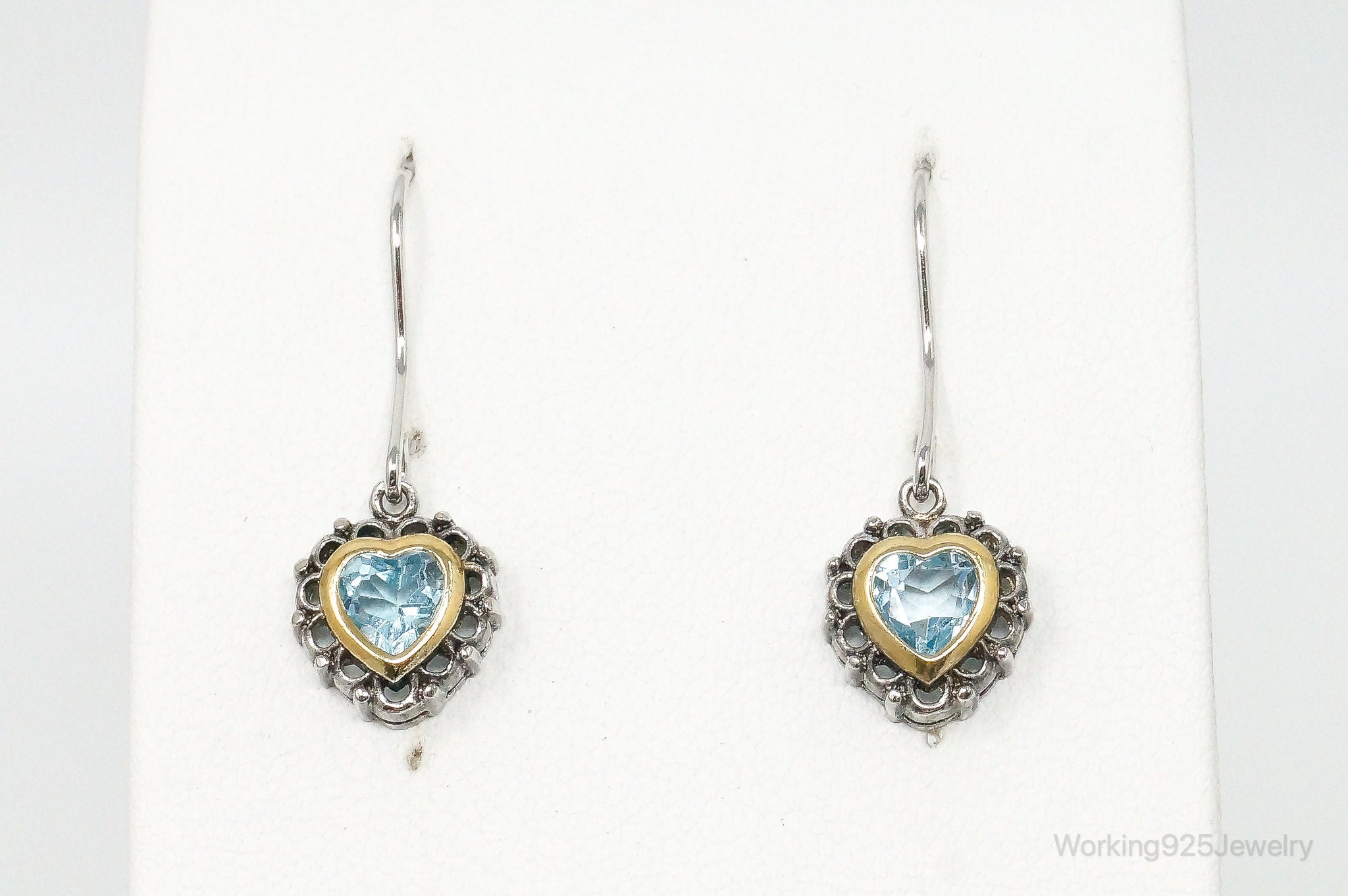 Vintage Blue Topaz Heart Art Deco Sterling Silver Earrings