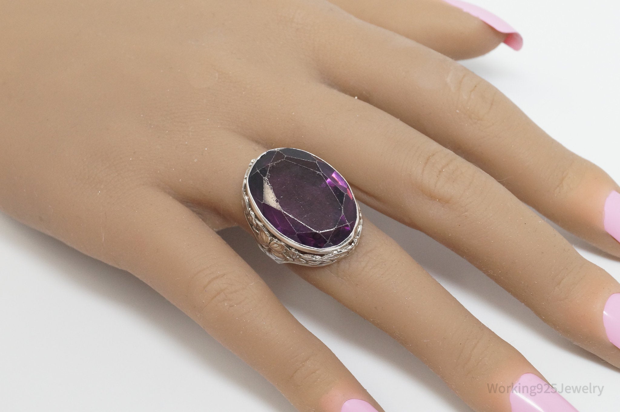 Antique Large Purple Glass Sterling Silver Ring - Size 6.5