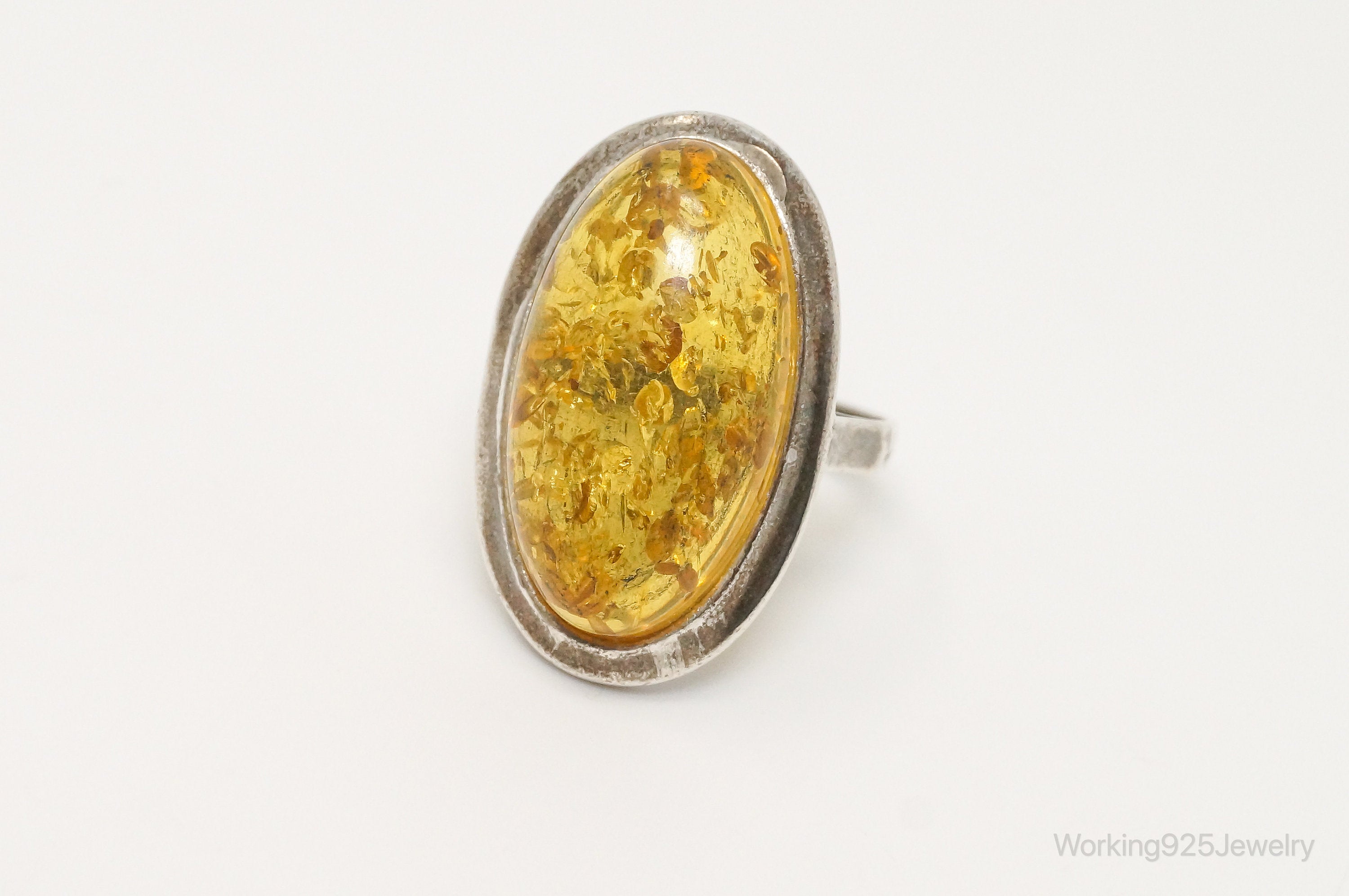 Vintage Large Amber Modern Sterling Silver Ring - Sz 7