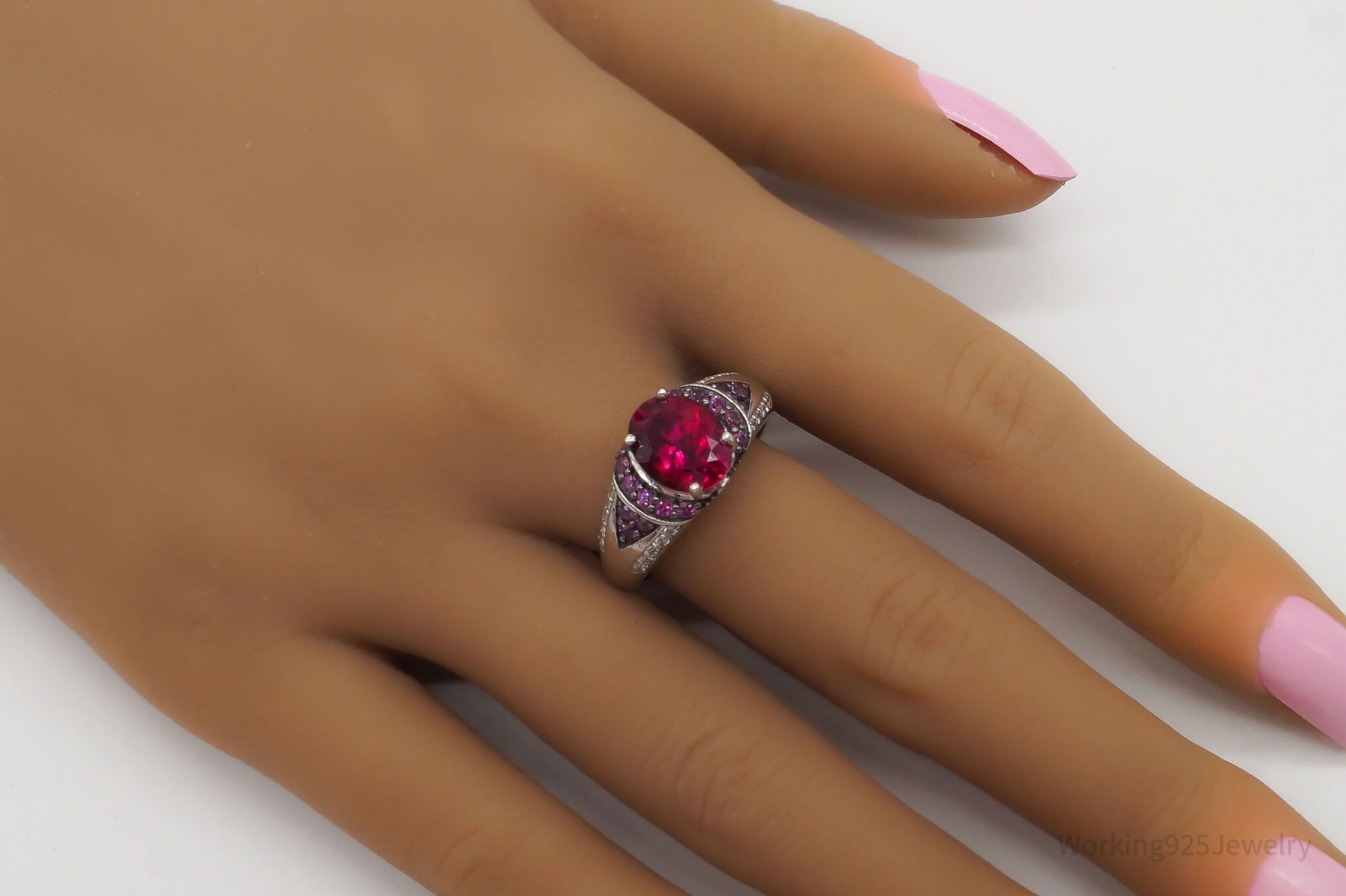 Vintage Designer Pink Tourmaline Cubic Zirconia Sterling Silver Ring - Size 10