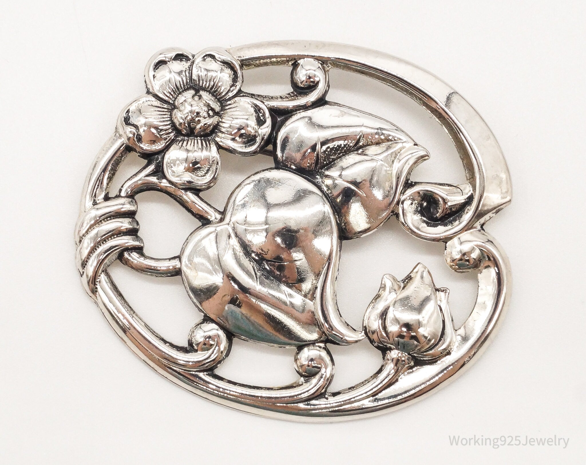 Antique Designer Silverman Bros Large Sterling Silver Floral Pin Brooch