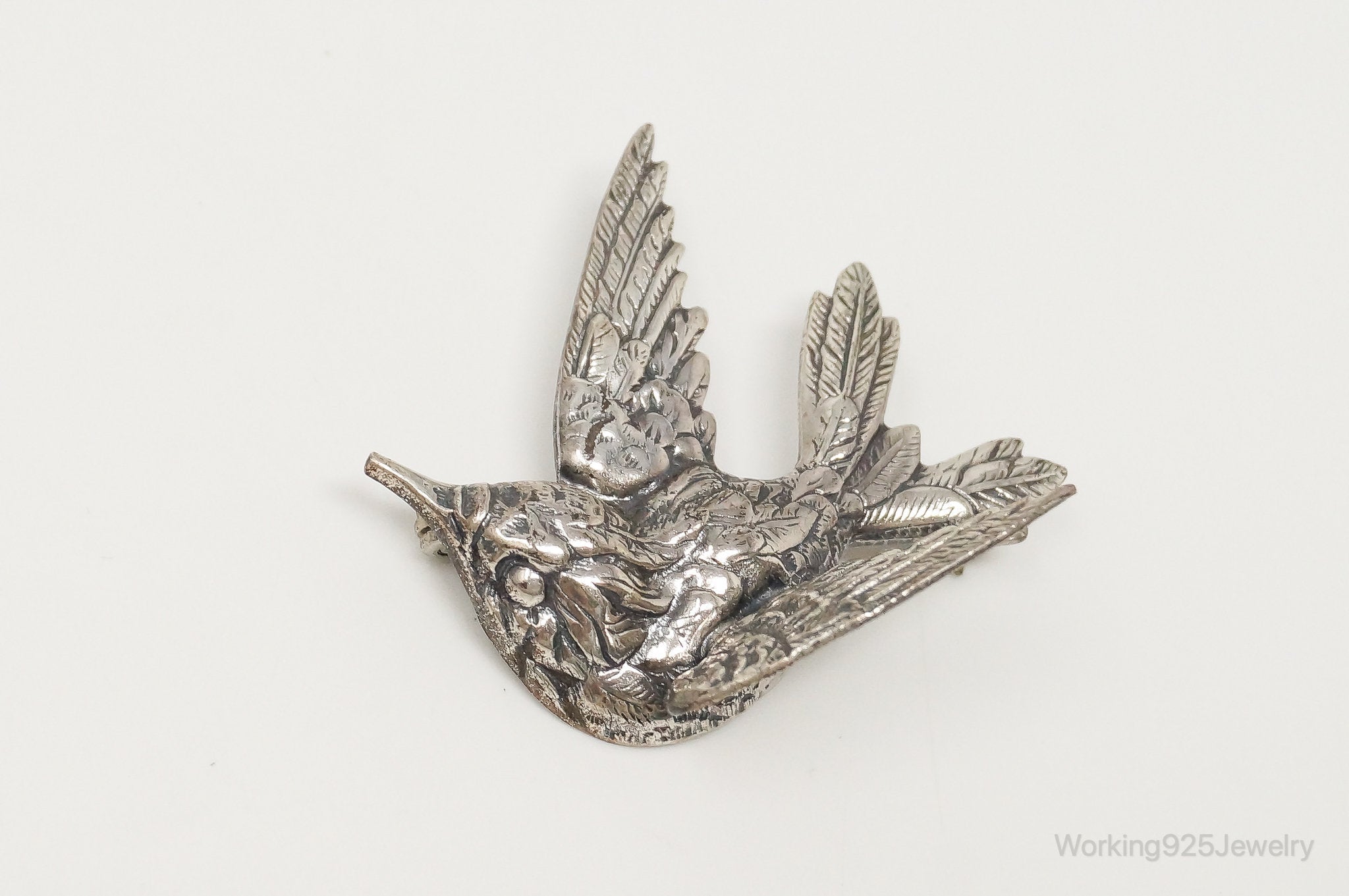 Vintage Designer JewelArt Humming Bird Sterling Silver Brooch Pin