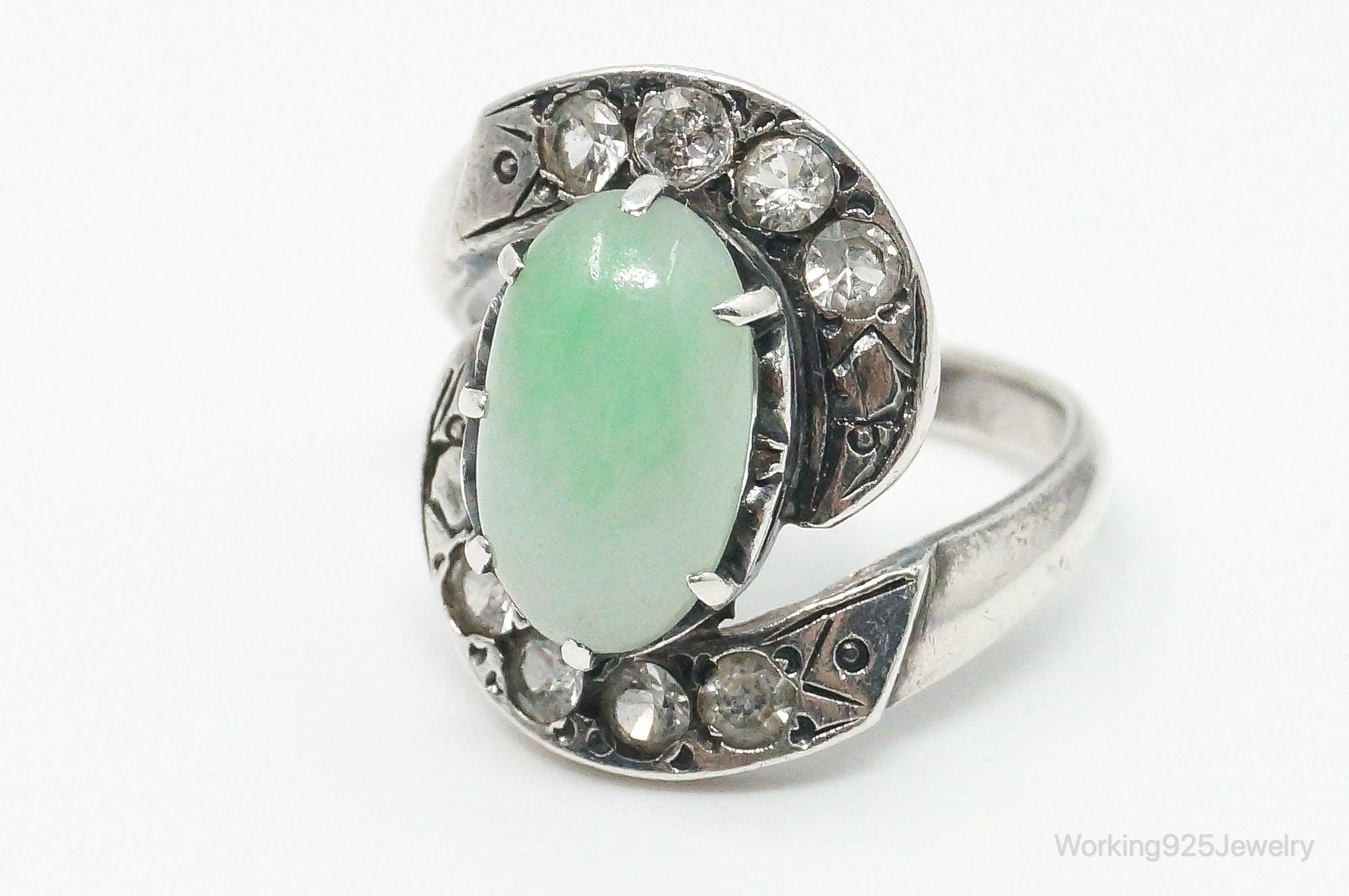 Antique Cubic Zirconia Green Gemstone Sterling Silver Ring - Size 6.5