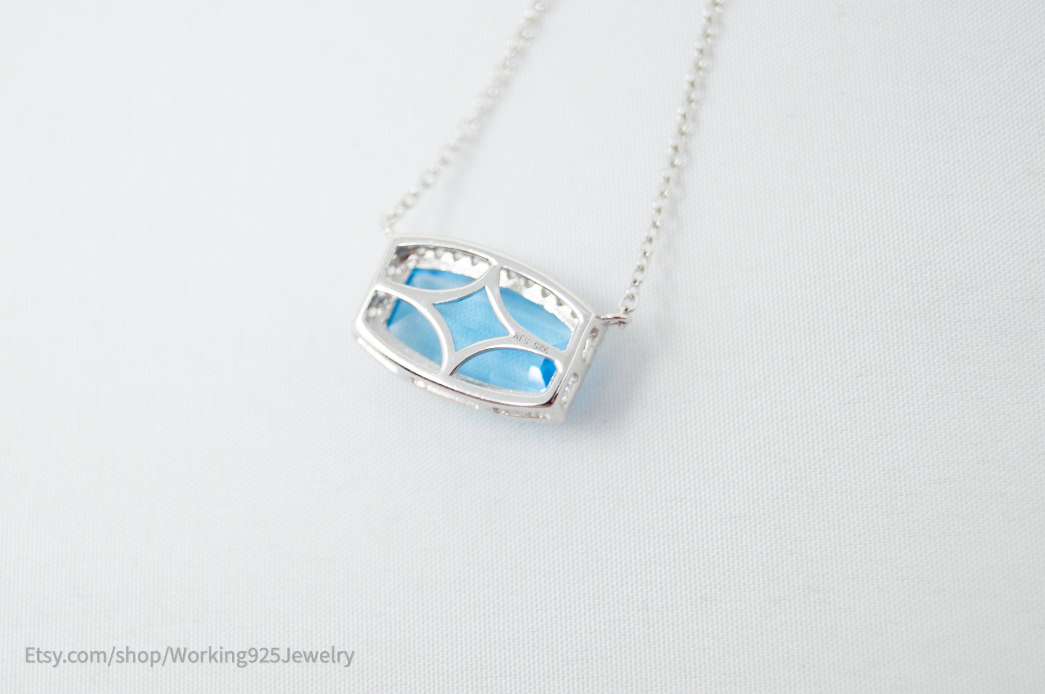 Vintage Art Deco Style Checkerboard Blue Topaz CZ Sterling Silver Necklace