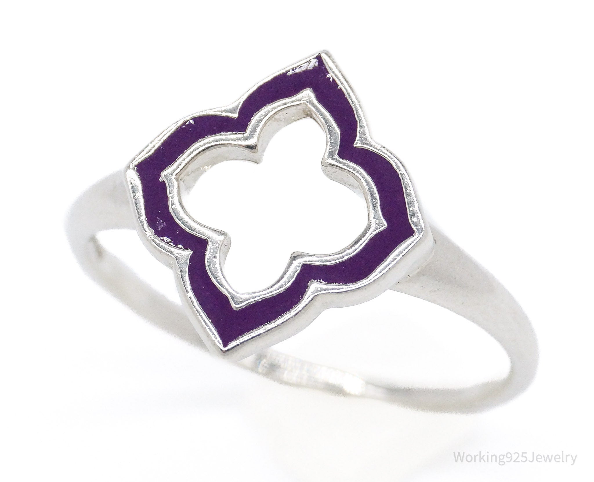 Vintage Designer Boma Purple Enamel Clover Sterling Silver Ring - Size 7