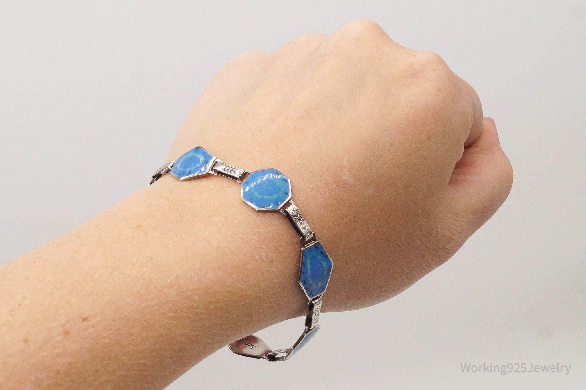 Antique Blue Enamel Flower Pattern Sterling Silver Bracelet