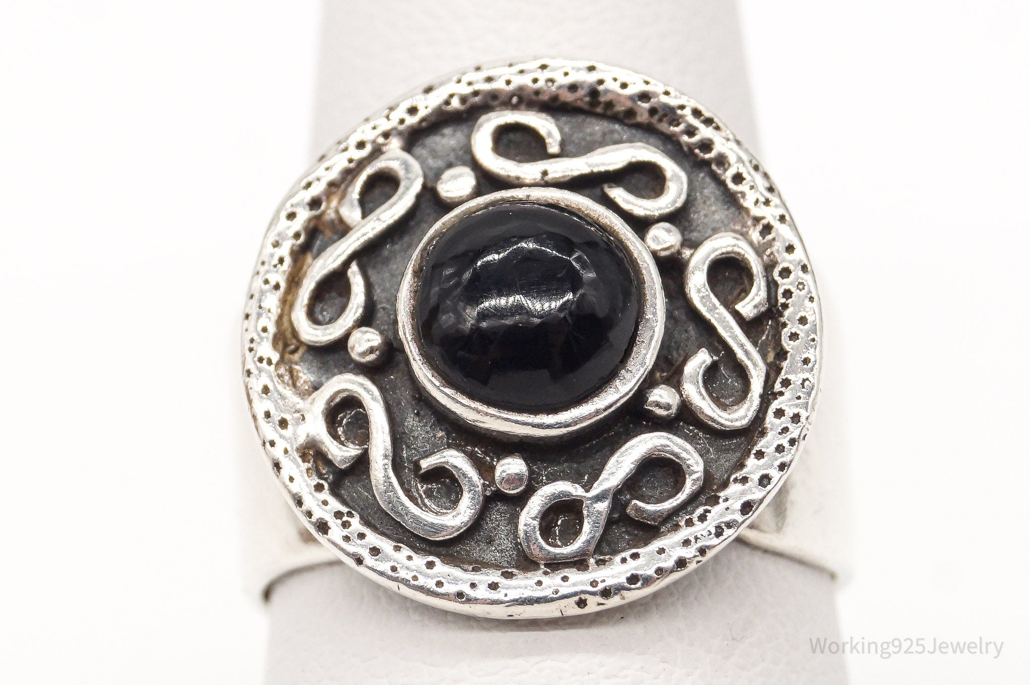 Vintage Black Onyx Infinity Symbols Sterling Silver Ring - Size 7.75 Adjustable