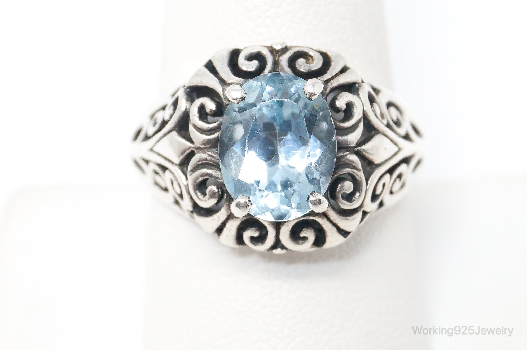 Vintage Designer PD Blue Topaz Art Deco Sterling Silver Ring - Size 8.75