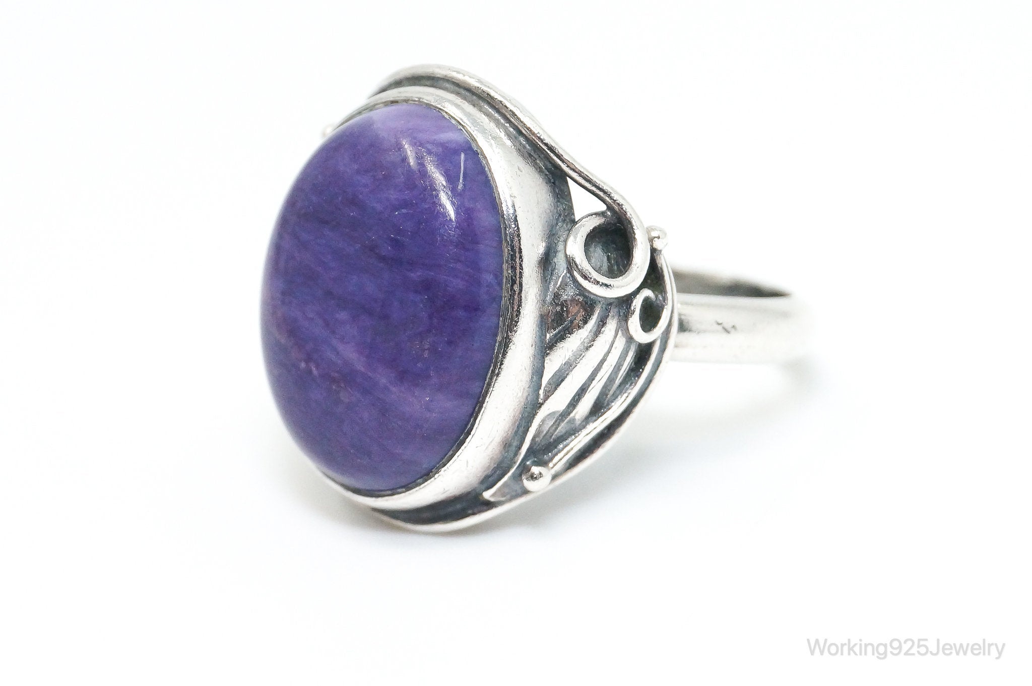 Vintage Designer WS Large Charoite Modernist Sterling Silver Ring - Size 6.5