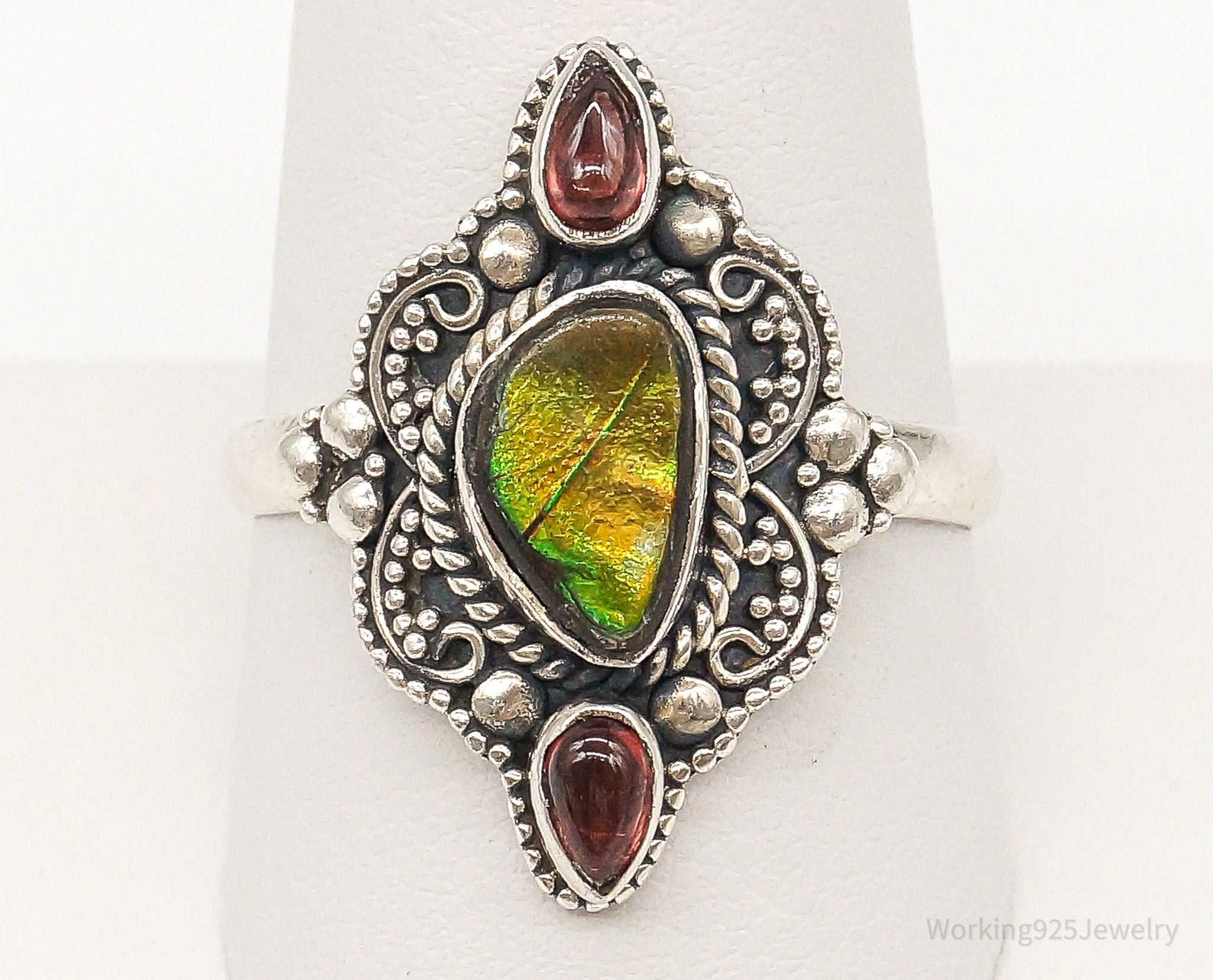 Vintage Ammolite Rhodolite Garnet Sterling Silver Ring - Size 10