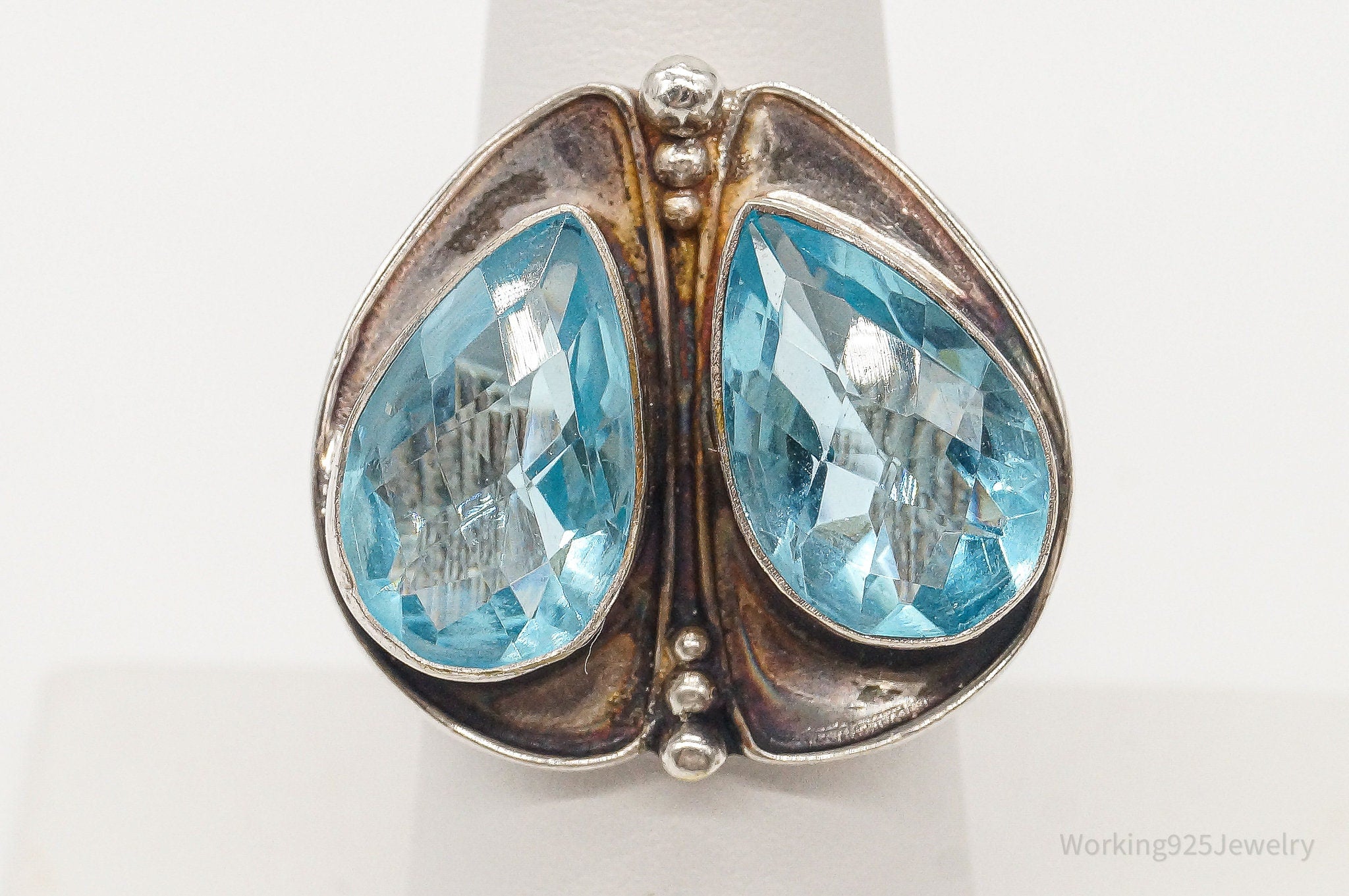 Vintage Large Blue Glass Sterling Silver Ring - Size 7.25