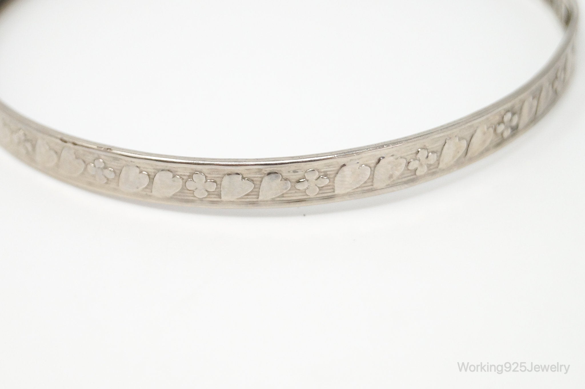 Antique Sterling Silver Heart Floral Bangle Bracelet