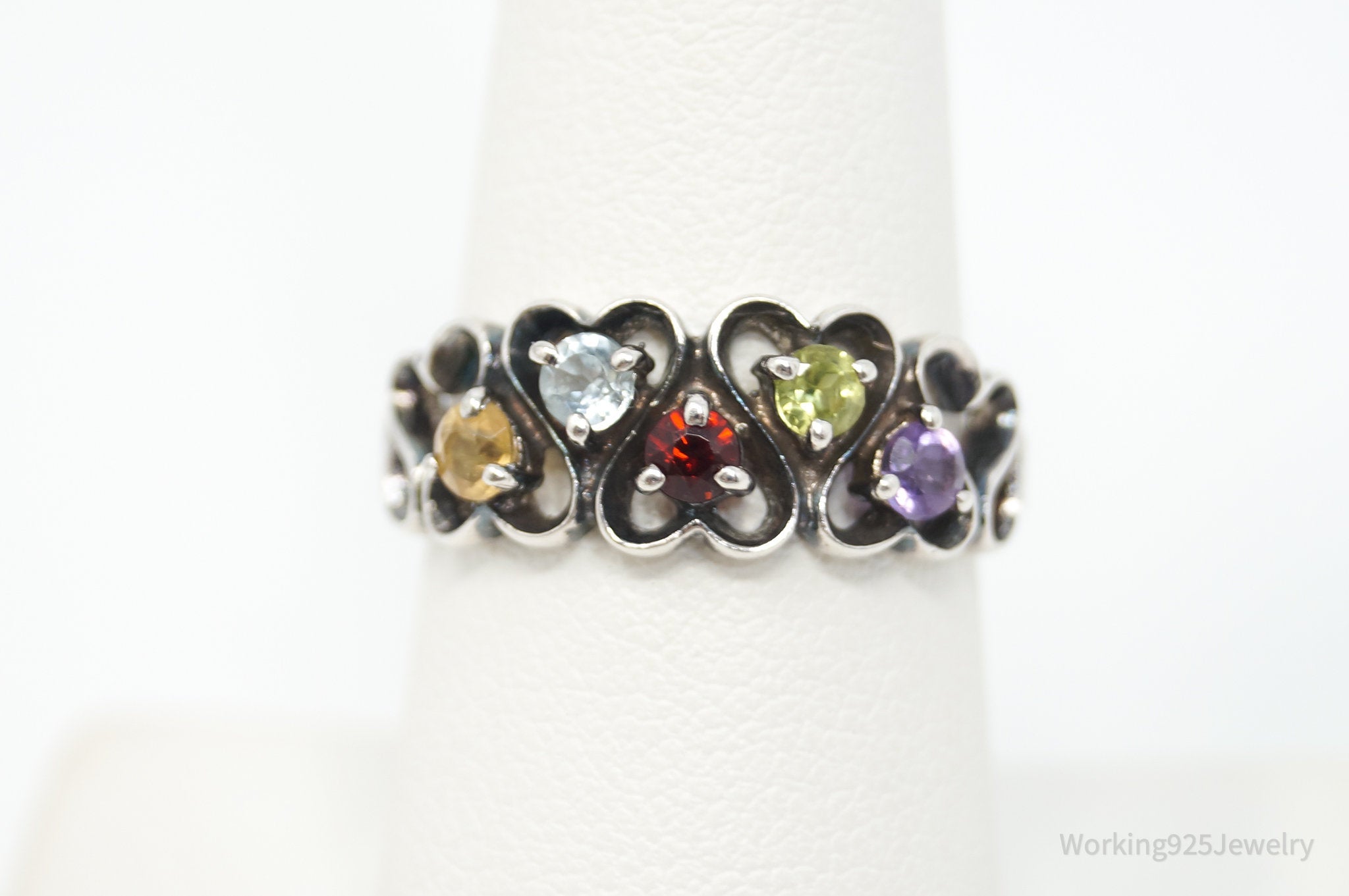 Vintage Designer Multi Gem Open Hearts Sterling Silver Ring - Size 8