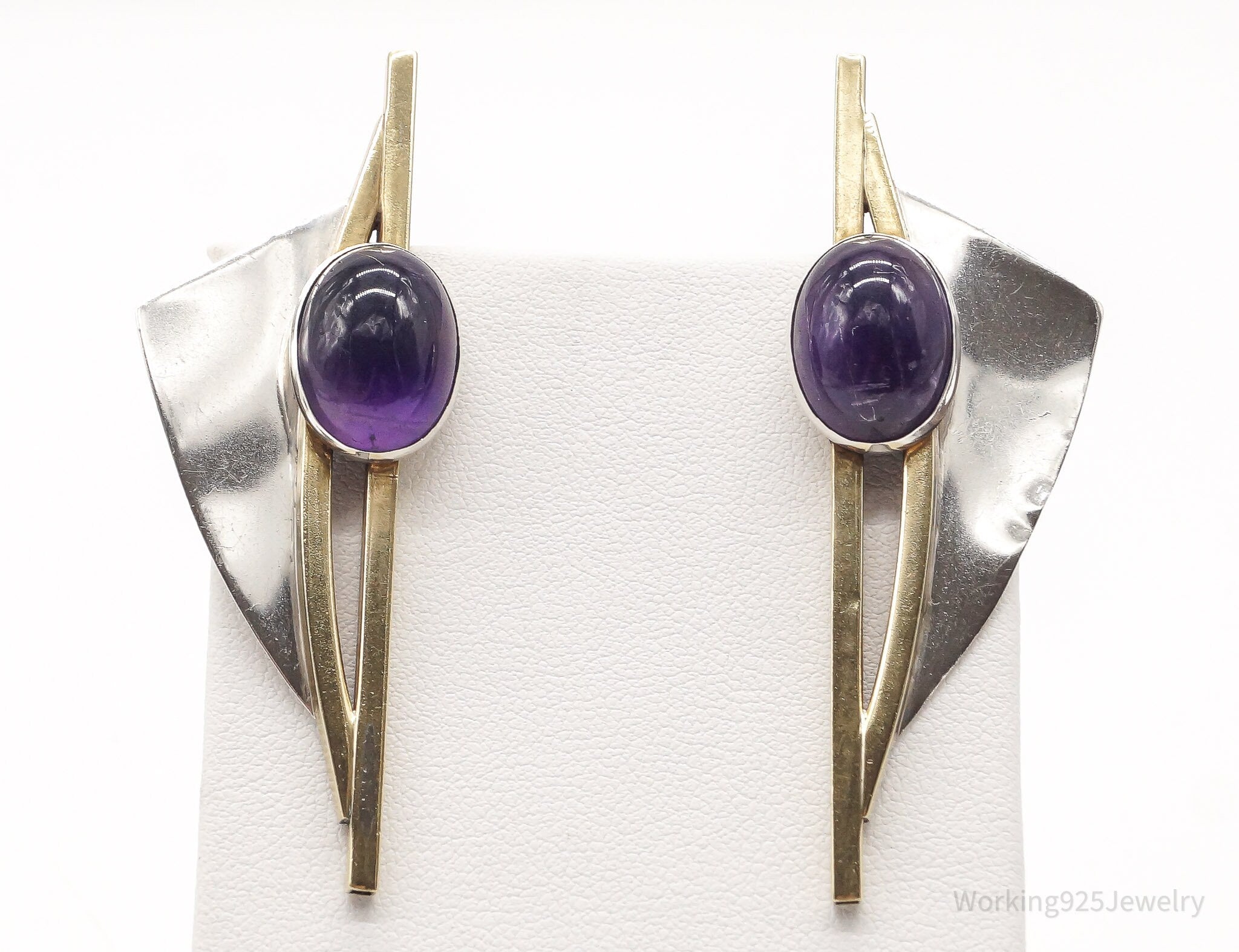 Large Vintage Modernist AJV Amethyst Brass Sterling Silver Earrings