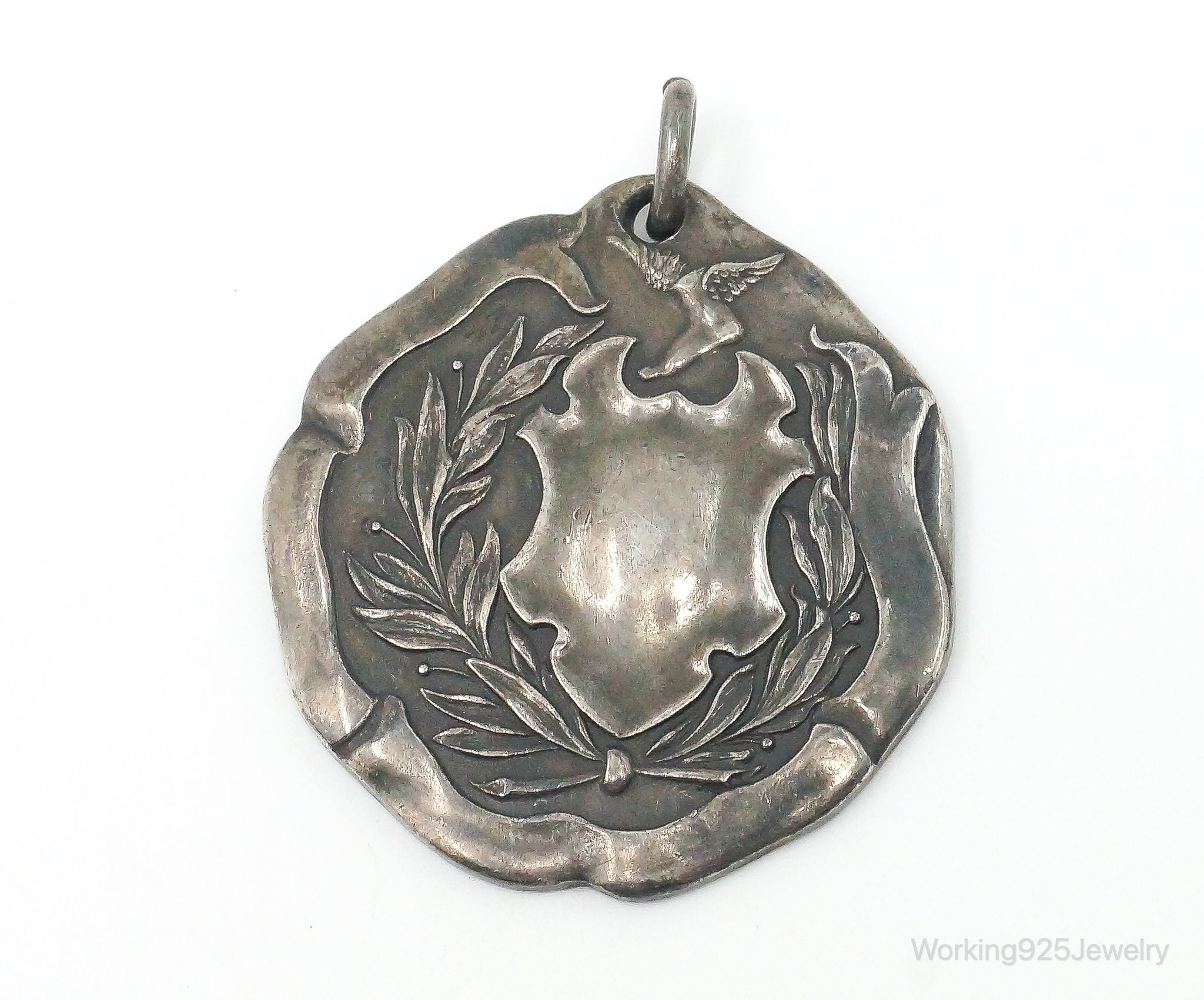 Rare Antique WENDELL & CO Hermes Wreath Shield Sterling Silver Necklace Pendant