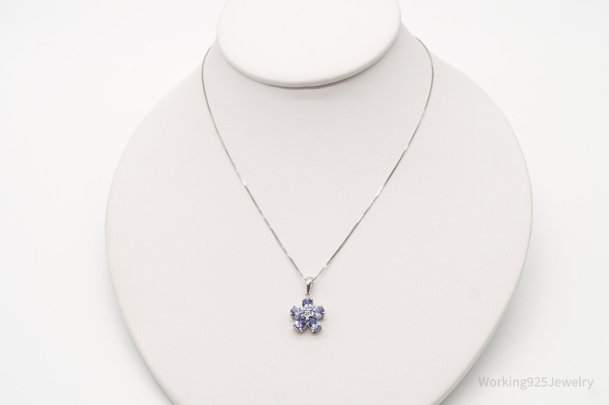 Vintage Designer SAI Iolite Single Diamond Sterling Silver Flower Necklace