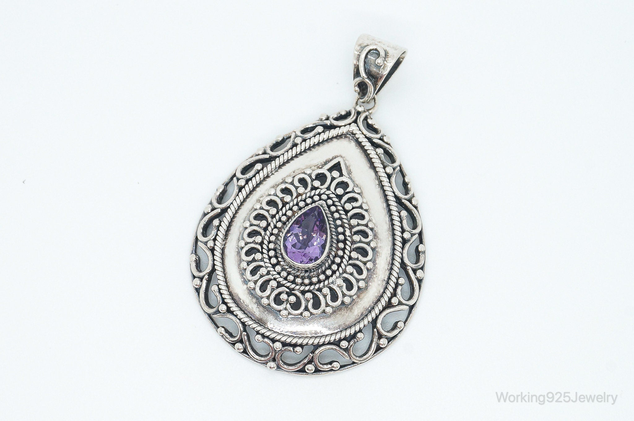 Designer Large Amethyst Bali Inspired Sterling Silver Pendant