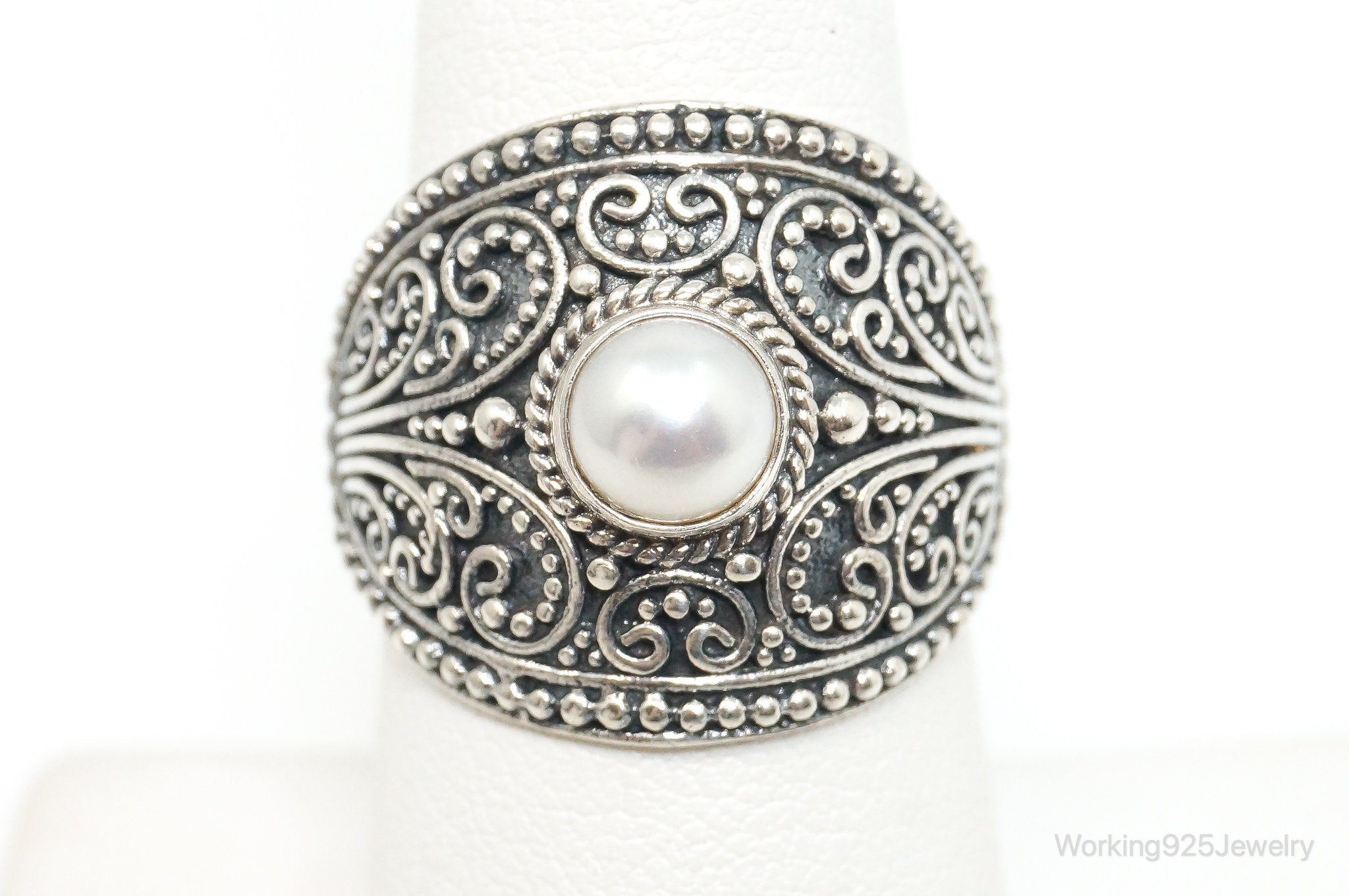 Vintage Bali Style Pearl Sterling Silver Ring - Size 7.5