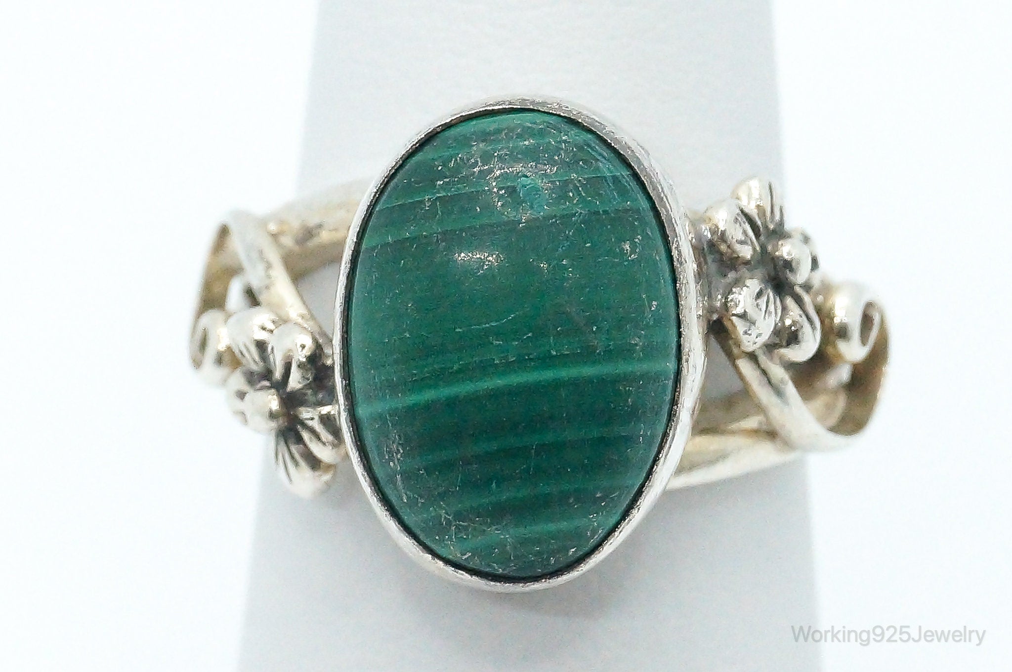 Vintage Anglo Carol Felley Malachite Sterling Silver Band Ring - Size 6