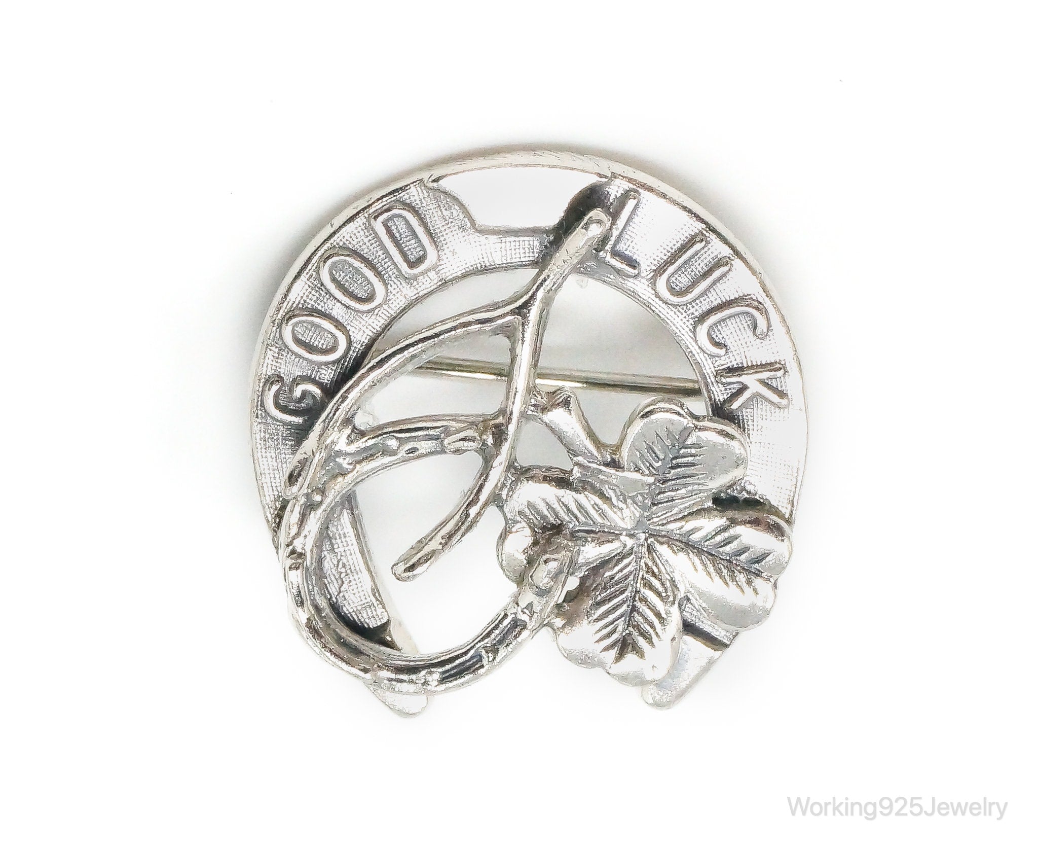 Vintage Designer Beau "Good Luck" Sterling Silver Brooch Pin