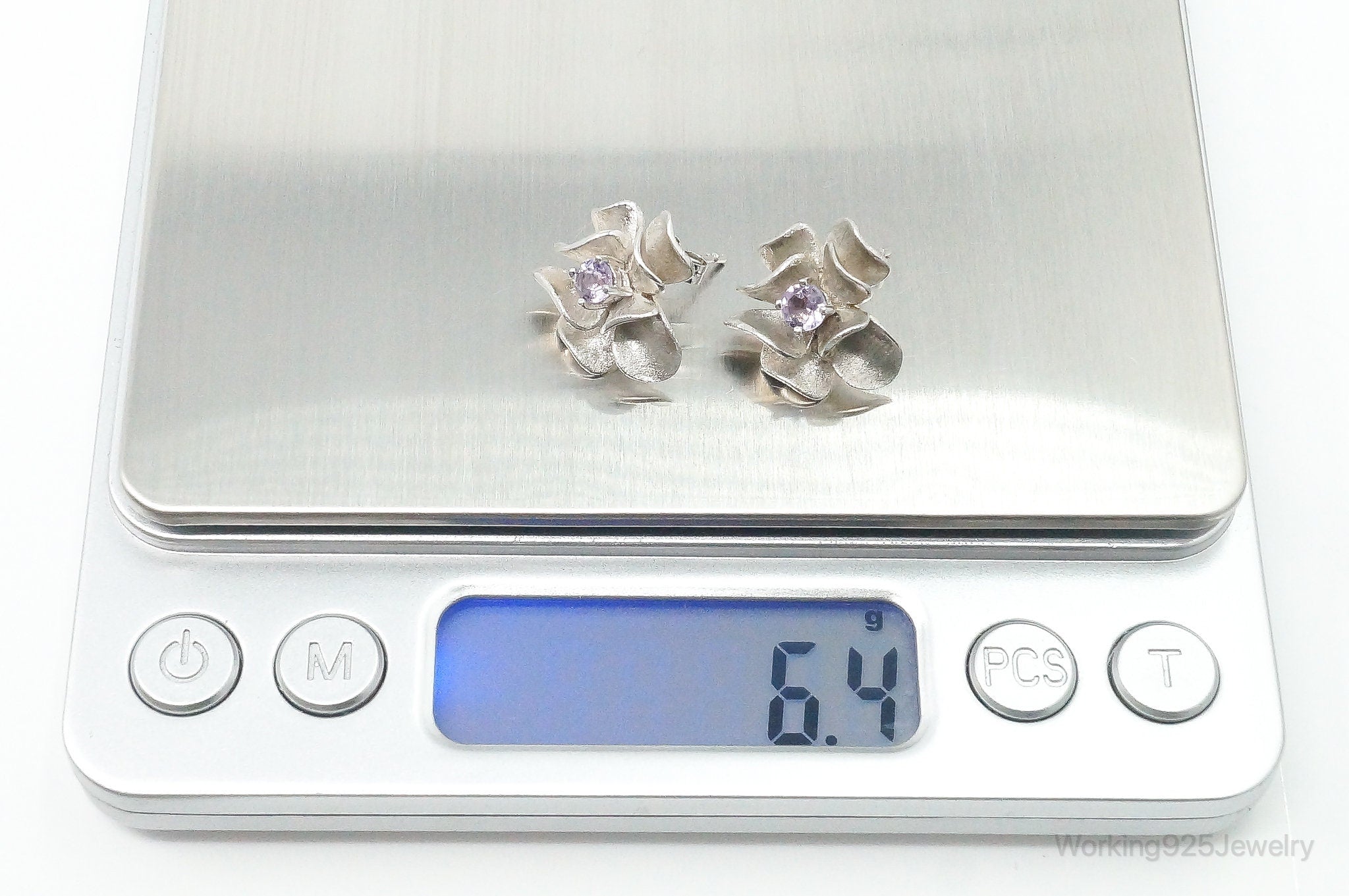 Vintage ATI Amethyst Flowers Sterling Silver Earrings