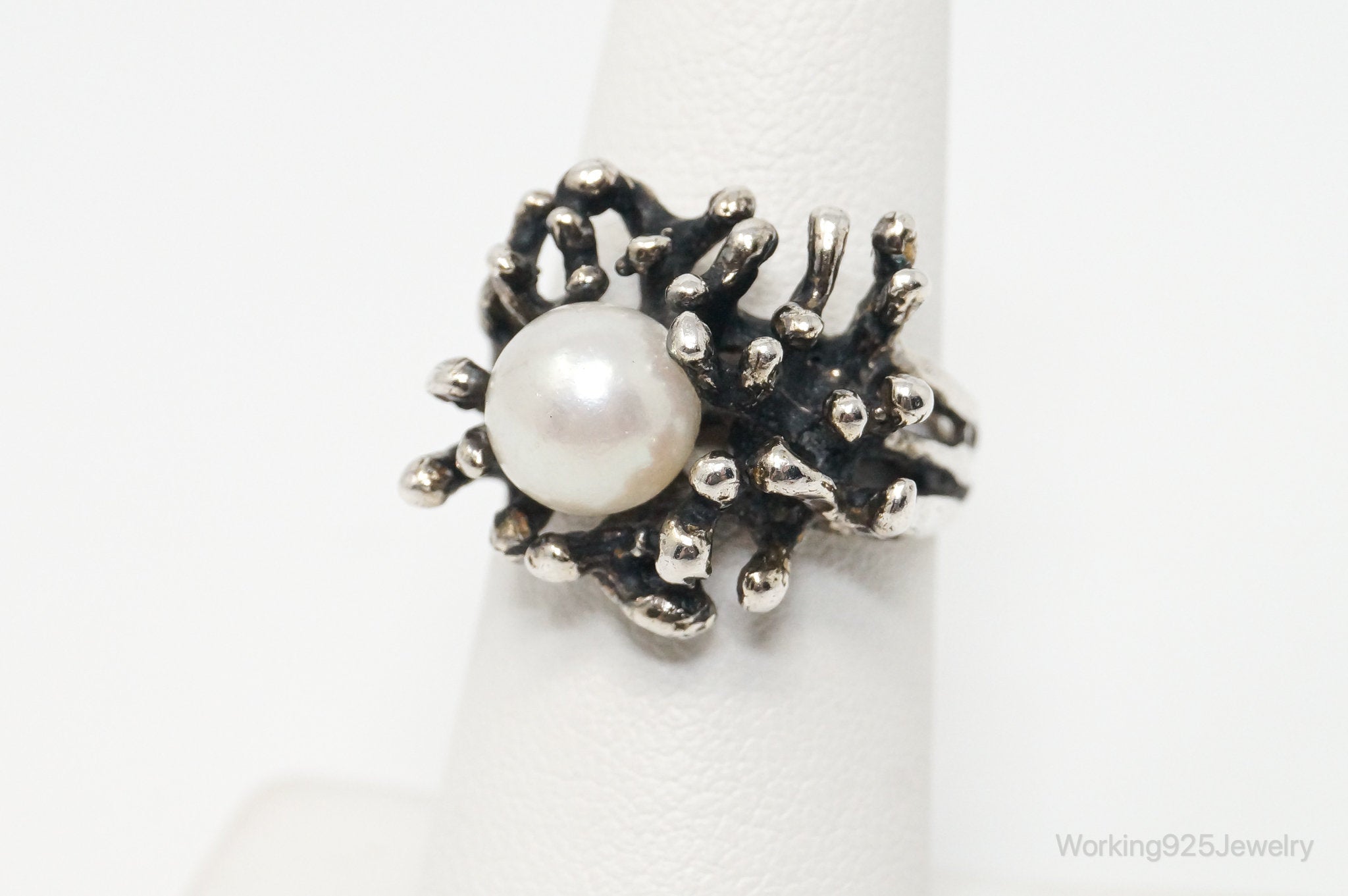 Vintage Designer G & L Pearl Brutalist Sterling Silver Ring - Sz 6.25