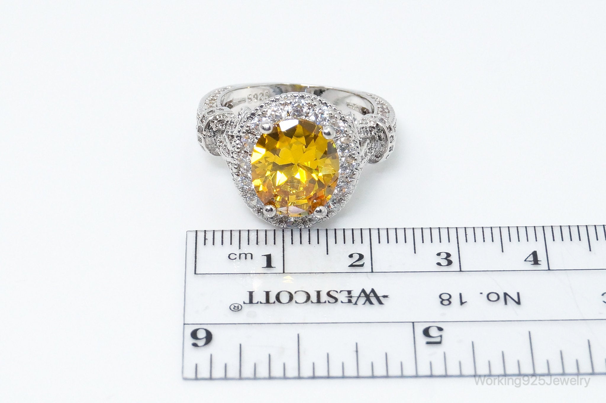 Vintage Large Citrine Cubic Zirconia Sterling Silver Statement Ring - SZ 8